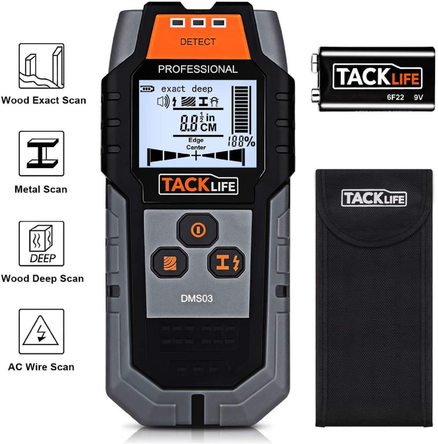 Tacklife DMS03 Ständerfinder mit Symbolen für Holz-, Metall-, Wechselstromscans und Zubehör.