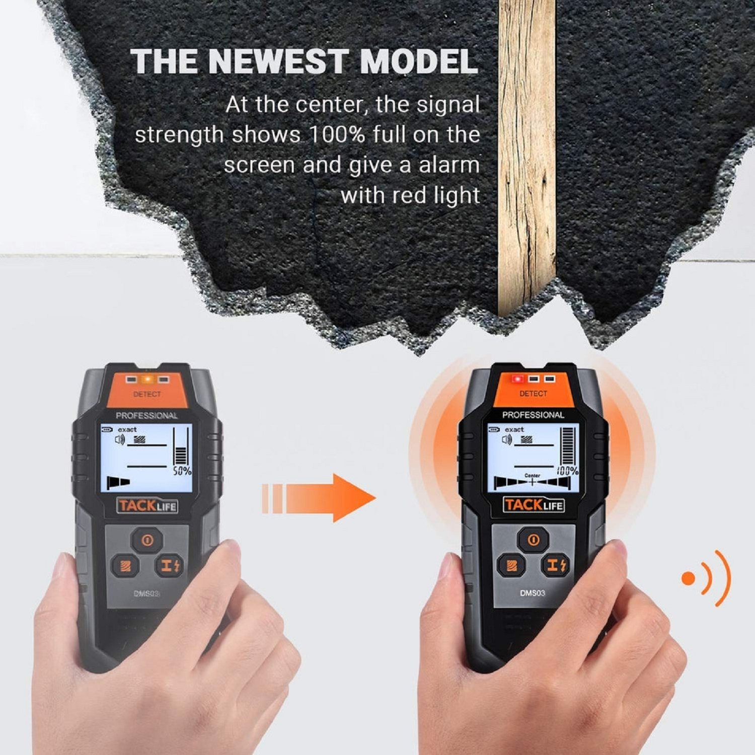 Ein Mann hält ein TACKLIFE DMS03 Wandscanner-Gerät. Links 50%, rechts 100% Signalstärke.