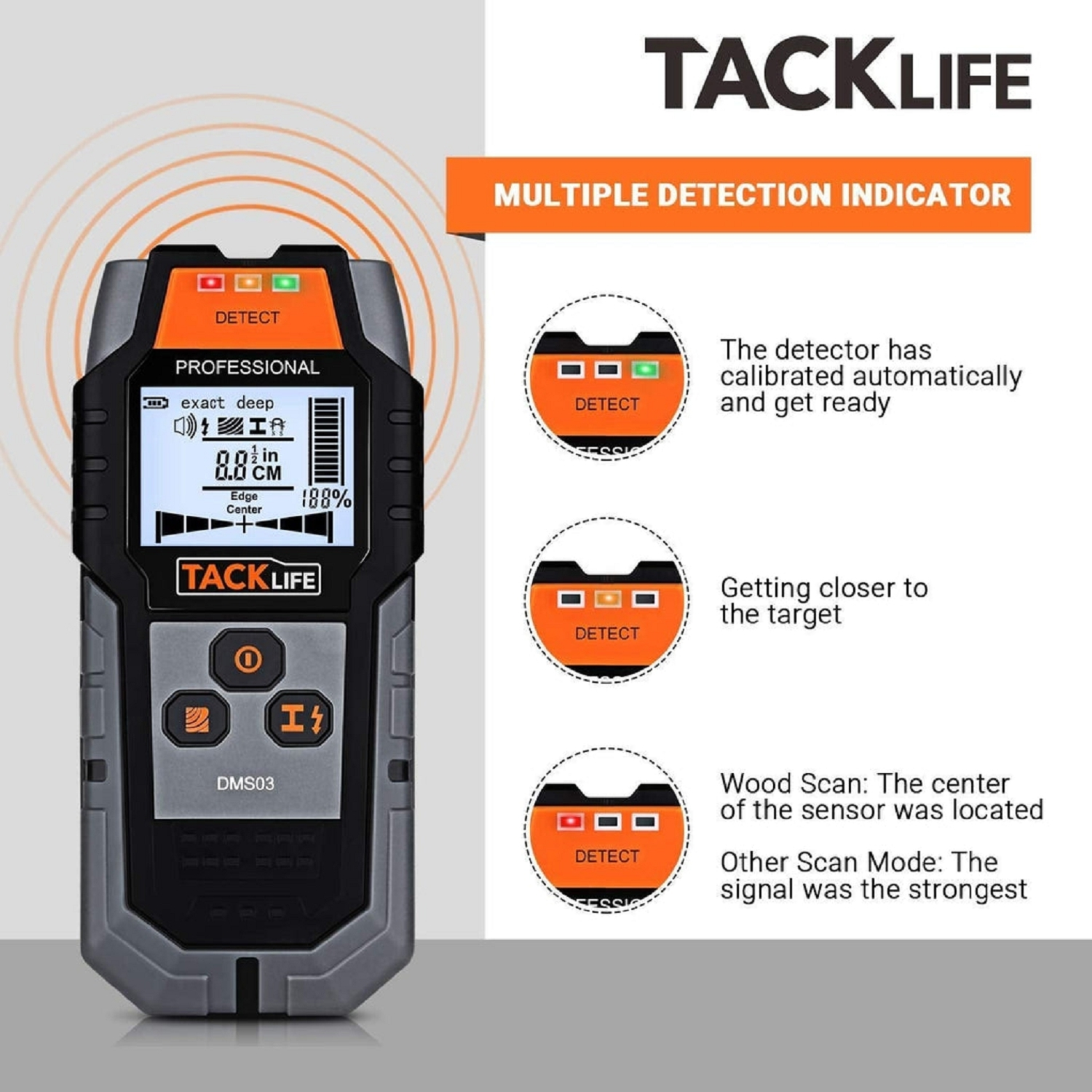 Ein TACKLIFE Detektor mit LCD-Display, der verschiedene Materialien anzeigt.