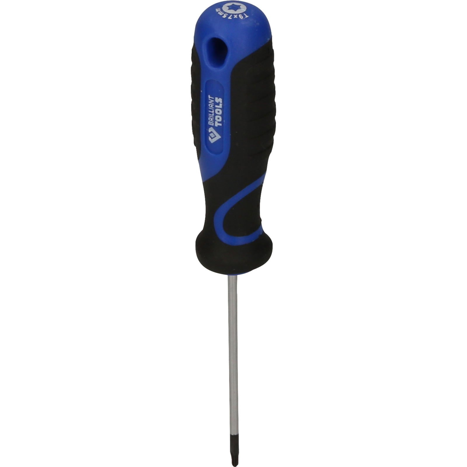 Un cacciavite Torx con manico blu e nero e asta argentata.