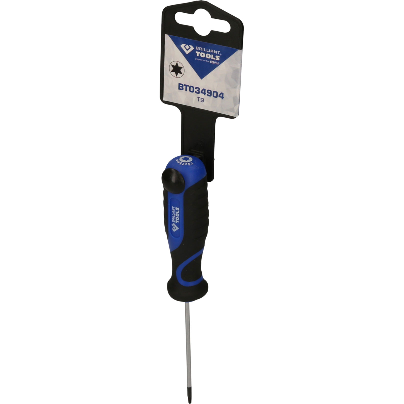 Un cacciavite Torx T9 con manico blu e nero e asta argentata.
