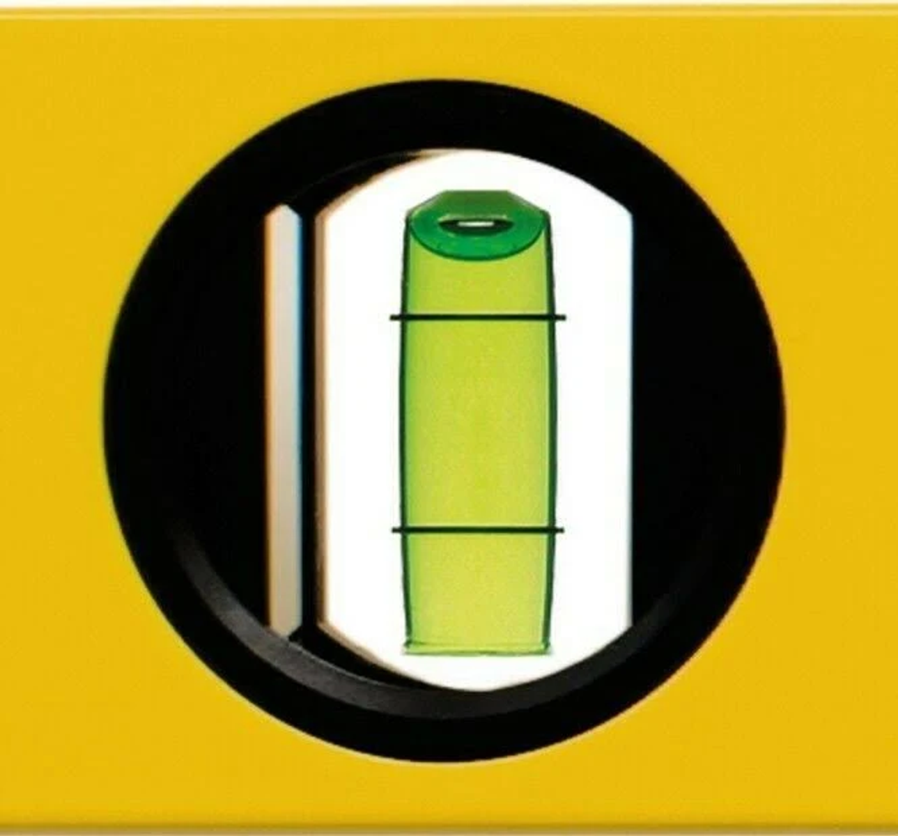 Gelbe Wasserwaage mit einem grünen Blasenindikator in der Mitte.
