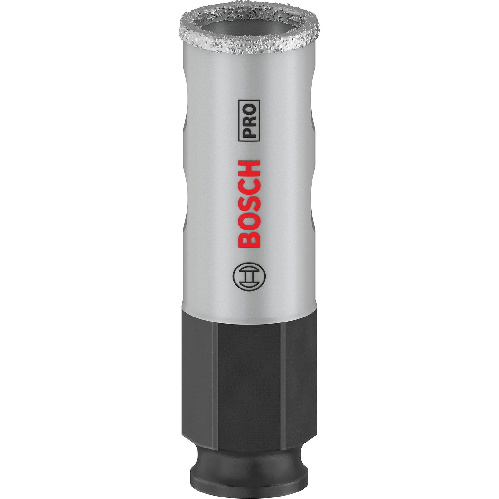 Punta da trapano grigia con bordo argentato e manico nero. Logo Bosch.