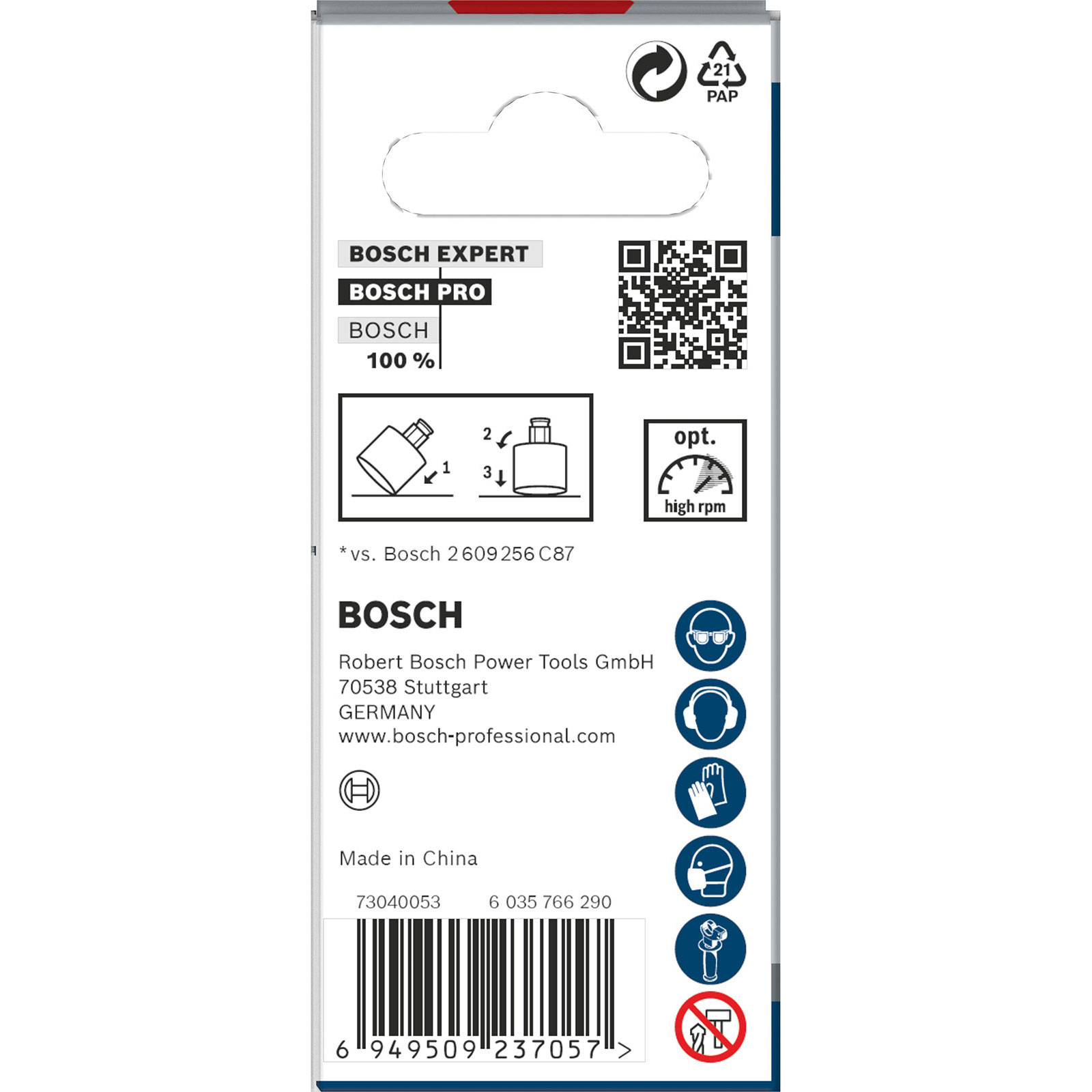 Confezione con logo Bosch, codice QR, info prodotto e simboli sicurezza.