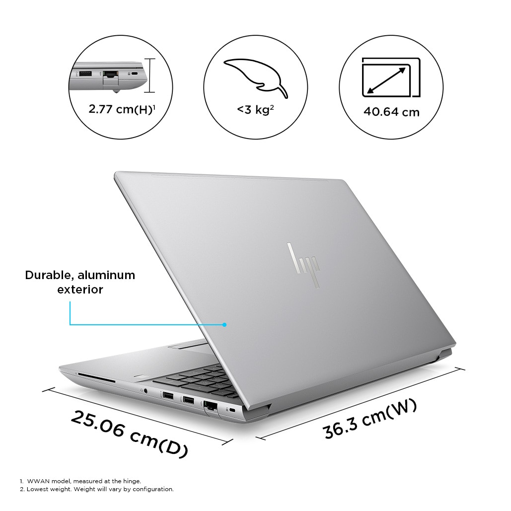 Silver laptop with dimensions 25.06cm(D), 36.3cm(W), 2.77cm(H), <lt/>3kg. Durable aluminum exterior.