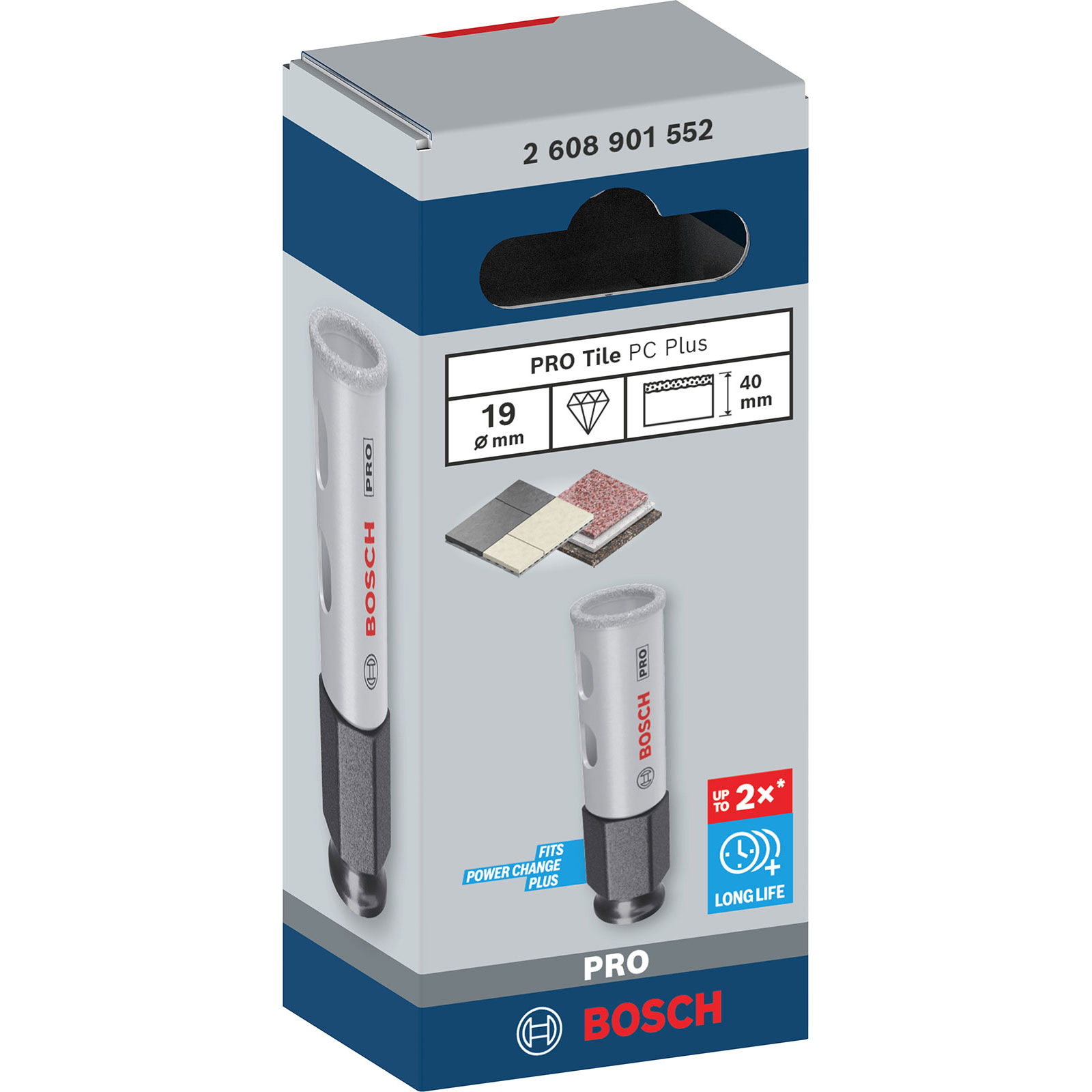 Bosch PRO Fliesenbohrkrone 19mm, 40mm lang, auf grauem Karton.