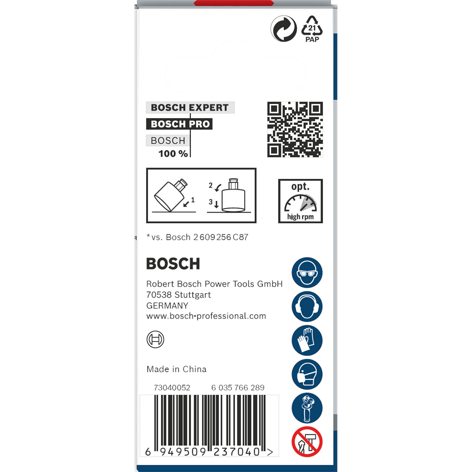 Bosch Expert PRO Verpackung mit QR-Code, Warnsymbolen, Barcode und Produktinfos.
