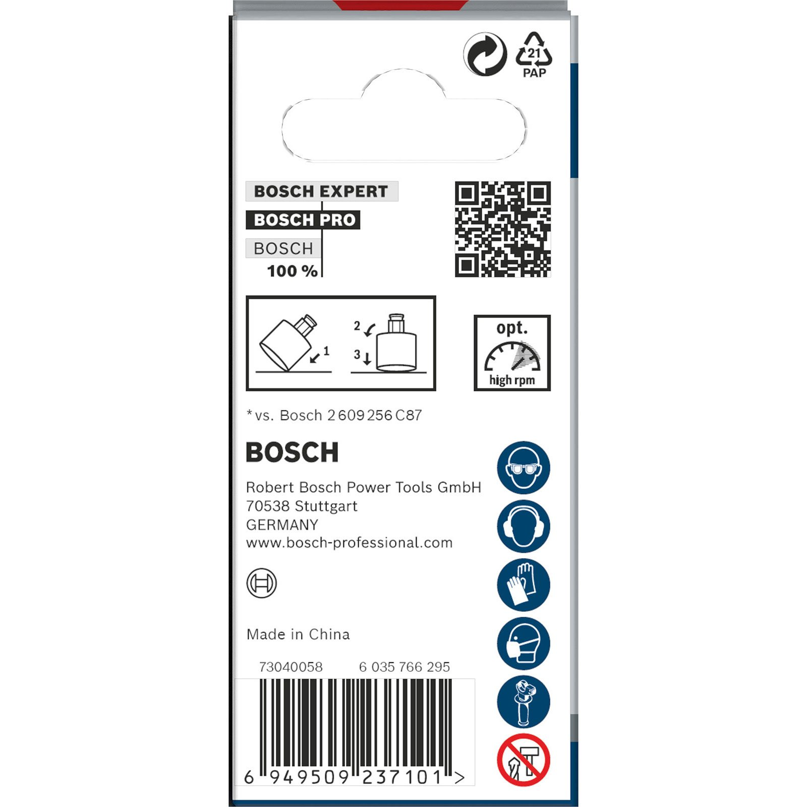 Bosch Verpackung mit Produktinformationen, QR-Code und Sicherheitssymbolen.
