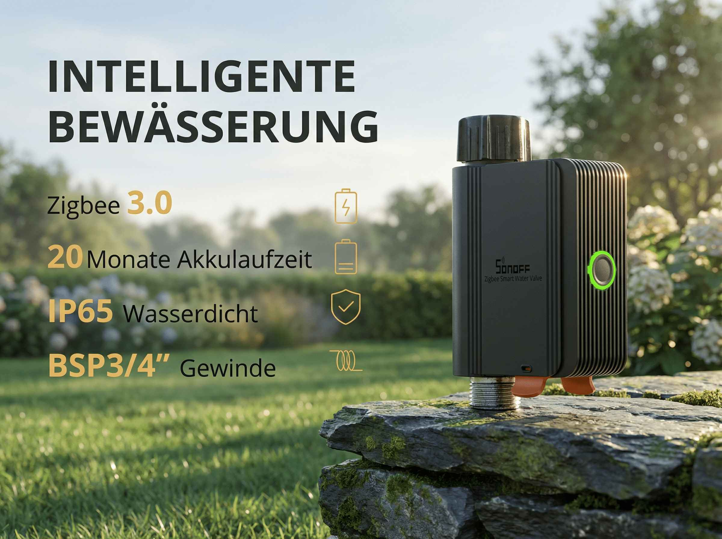 Ein schwarzes intelligentes Wasserventil mit grünem Ring steht auf Steinen im Gras.