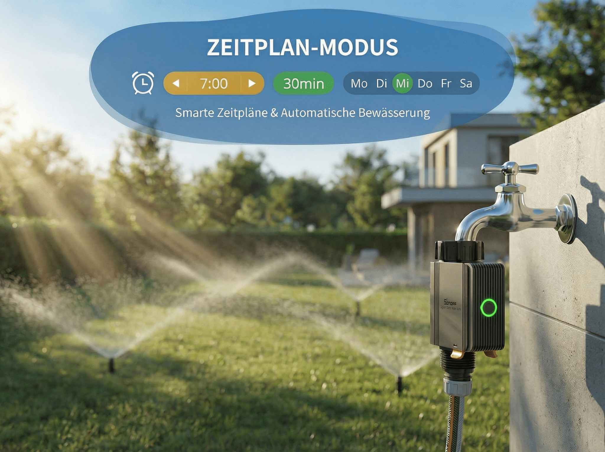 Ein Bewässerungsmodul am Wasserhahn mit Sprinklern im Garten.