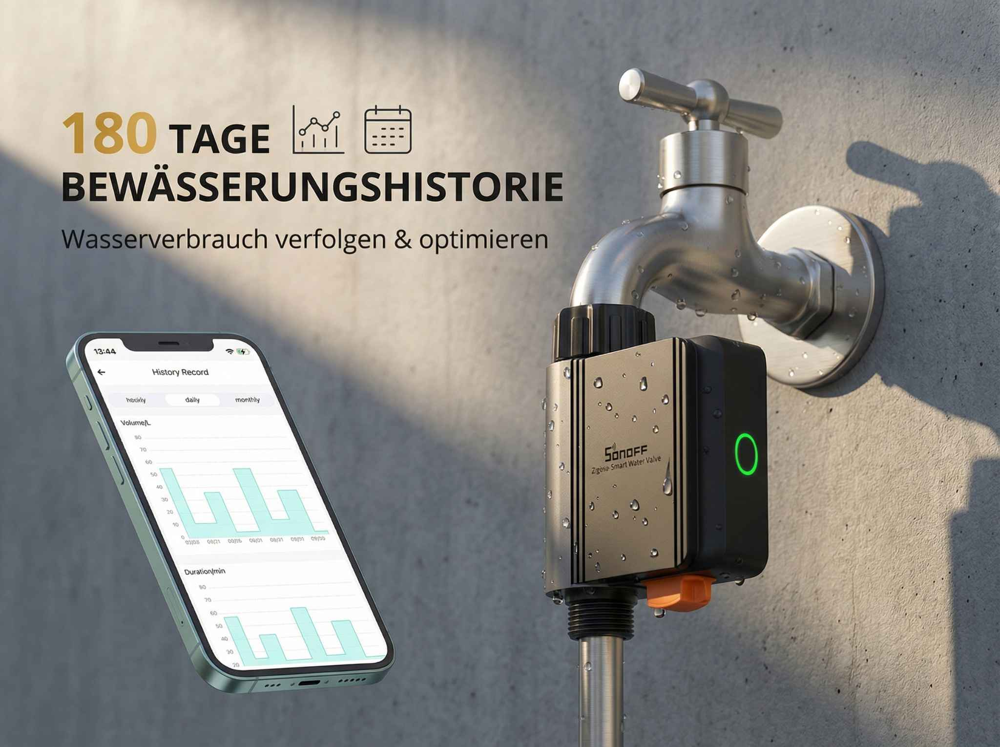 Ein Smart Water Valve von Sonoff ist an einem Wasserhahn montiert. Eine App zeigt die Bewässerungshistorie.