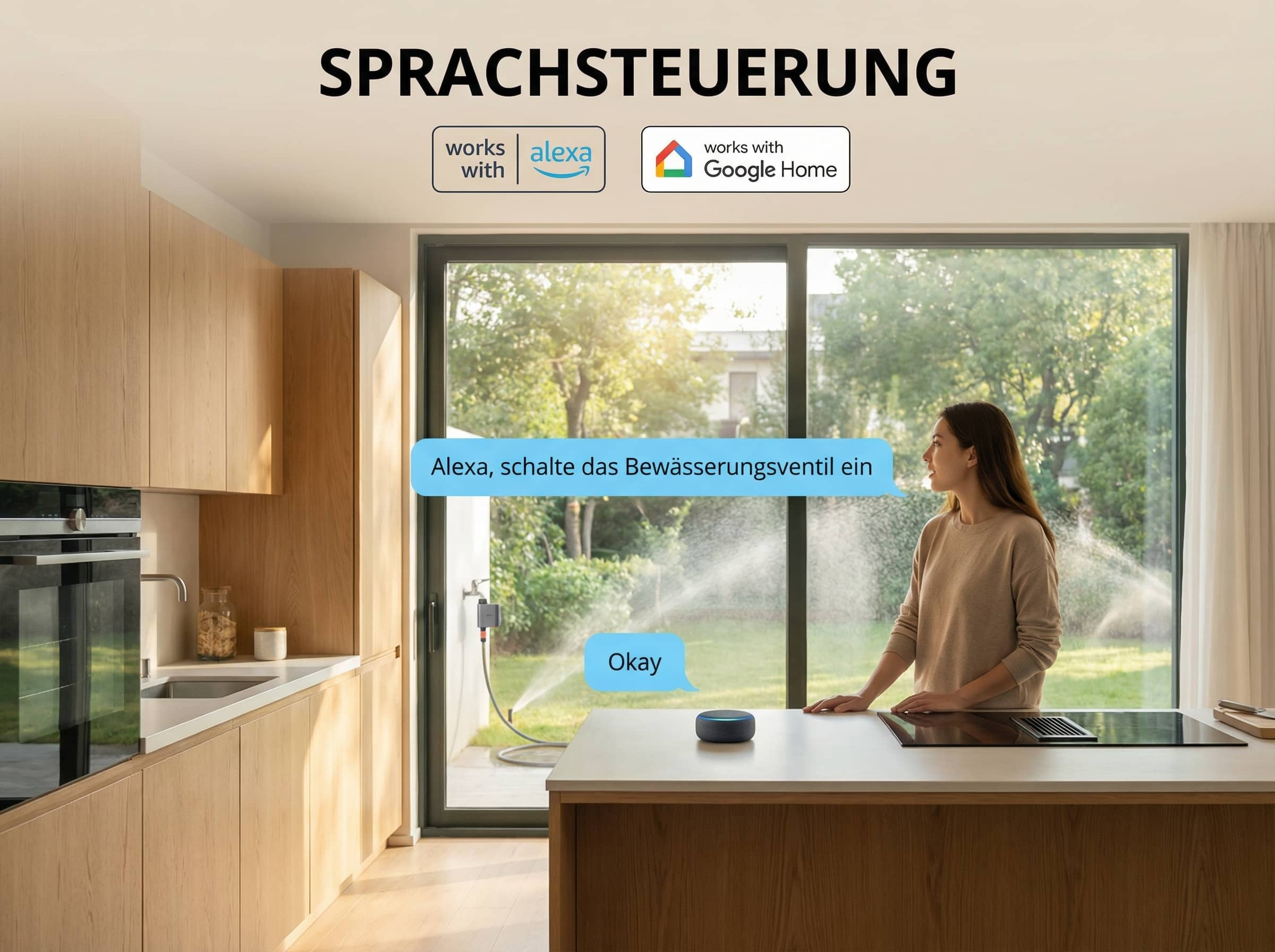 Frau in Küche mit Sprachsteuerung für Gartenbewässerung.