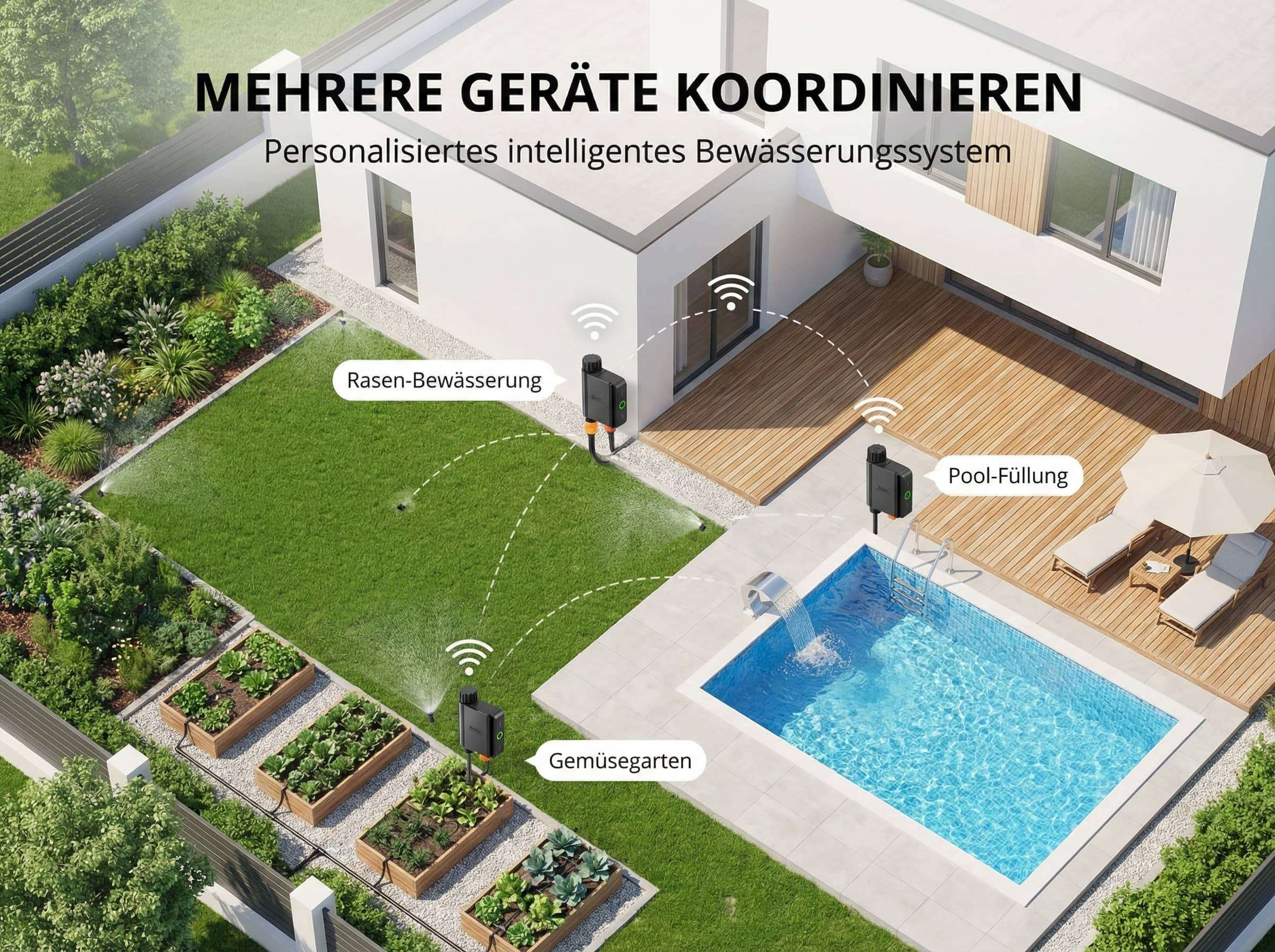 Intelligentes Bewässerungssystem koordiniert Rasen, Gemüse und Poolfüllung.
