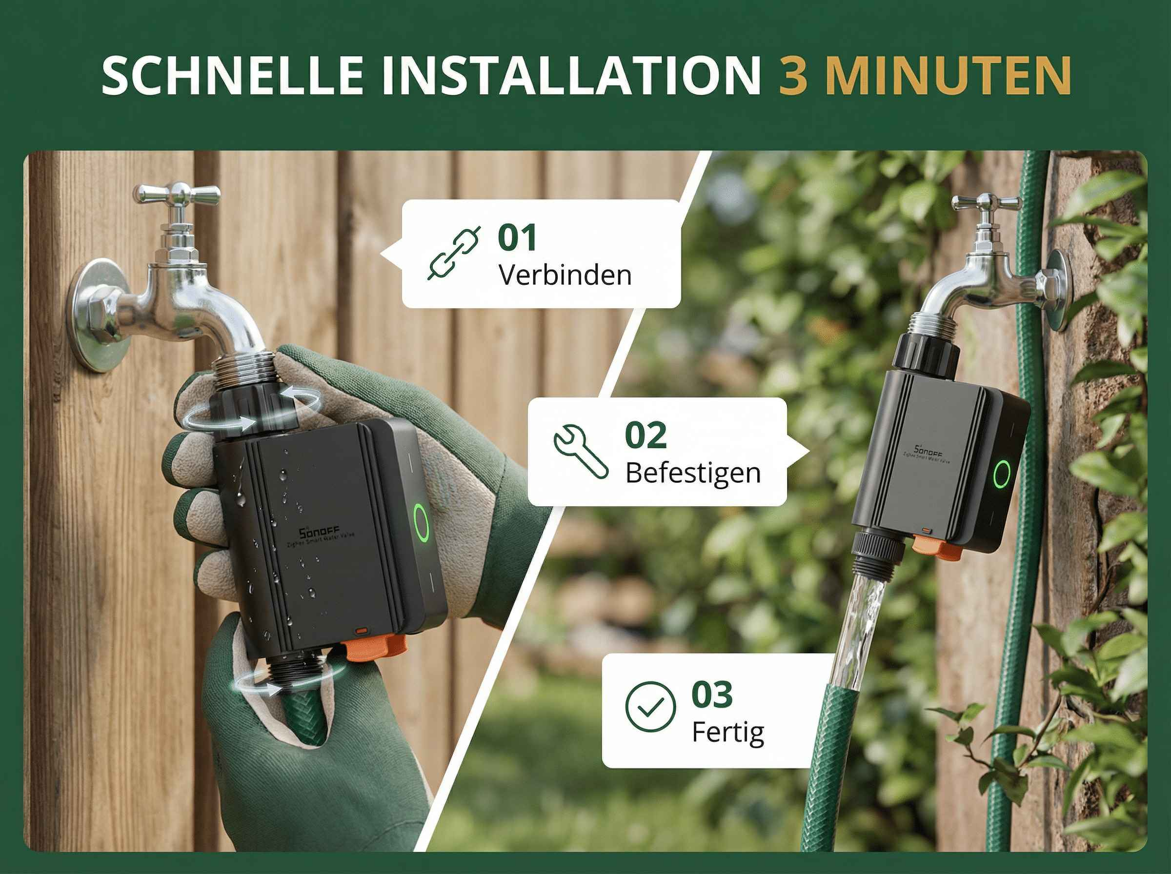 Installation eines smarten Wasserventils mit Wasserhahn und Gartenschlauch.
