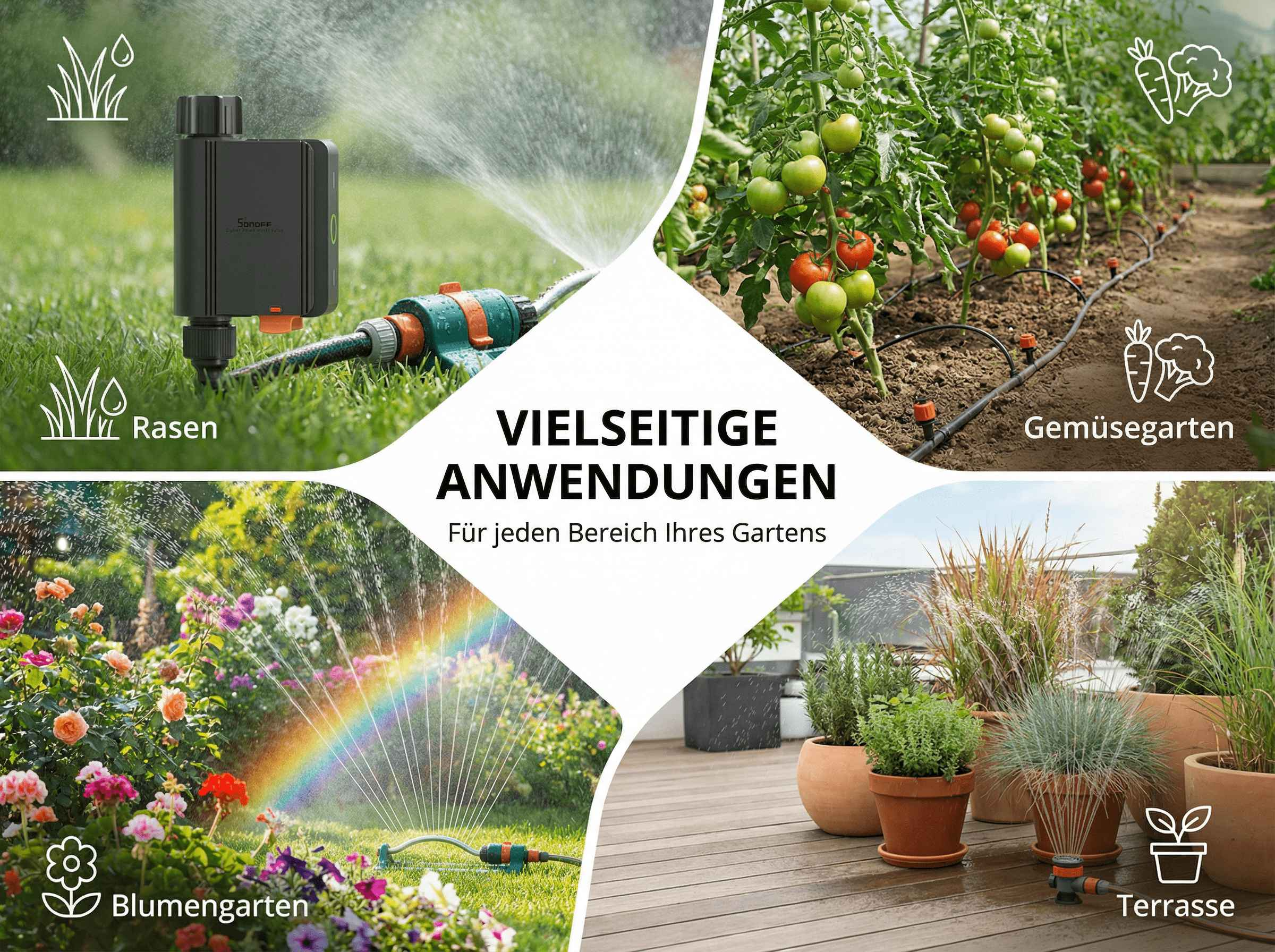 Gartenbewässerung: Rasen, Blumen, Gemüse und Terrasse mit Sprinklern.