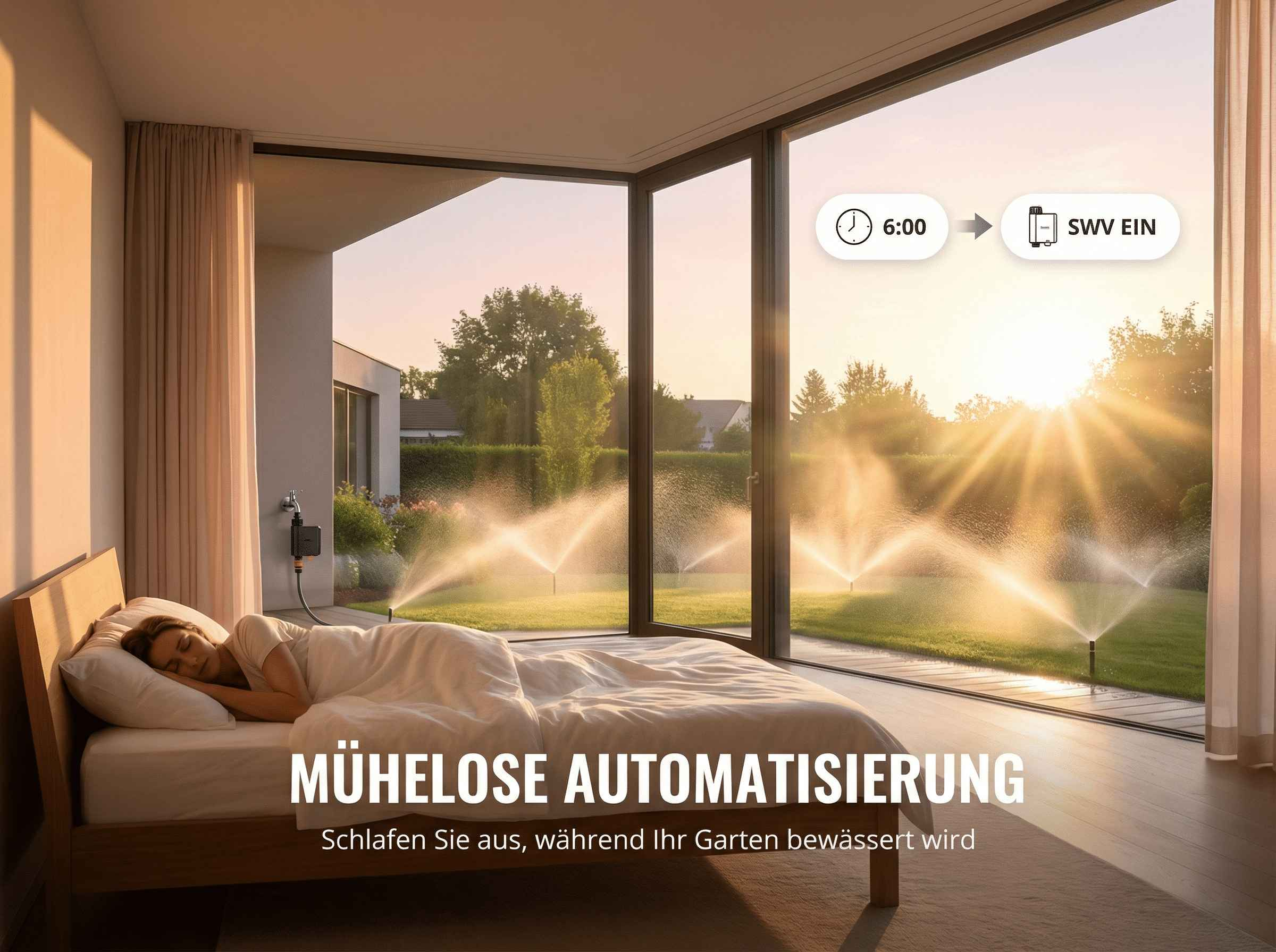 Eine Frau schläft im Bett, während ein Garten durch Sprinkler bewässert wird.