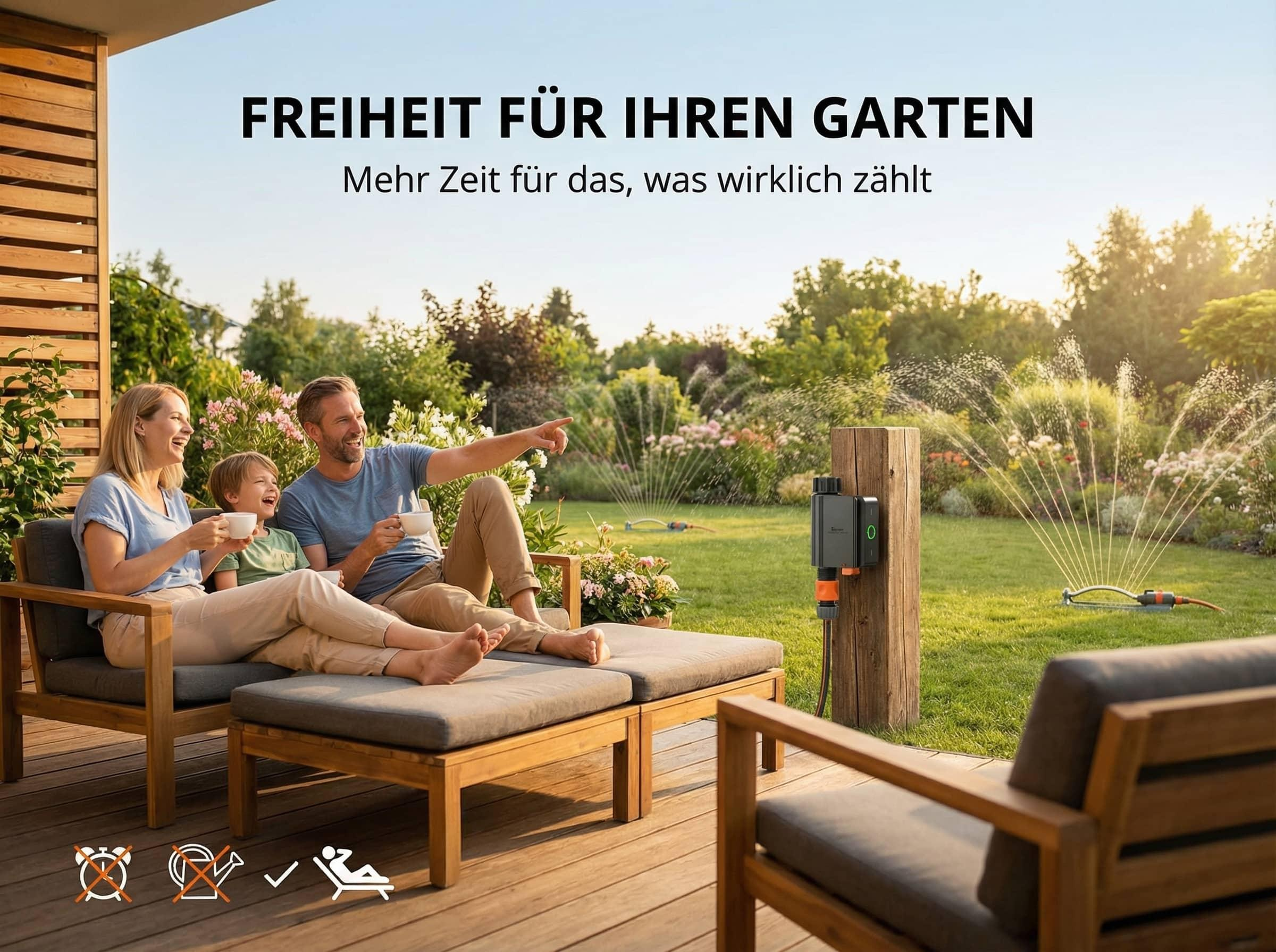 Familie entspannt im Garten, während ein Bewässerungssystem automatisch den Rasen sprengt.