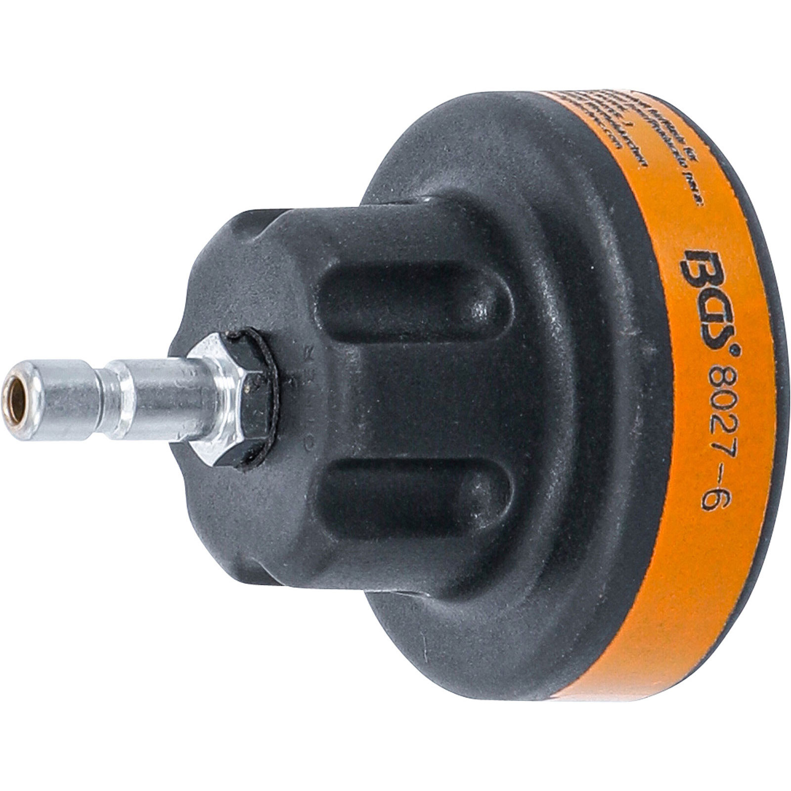 Ein schwarzer Adapter mit einem silbernen Stecker und einem orangefarbenen Band mit Text.