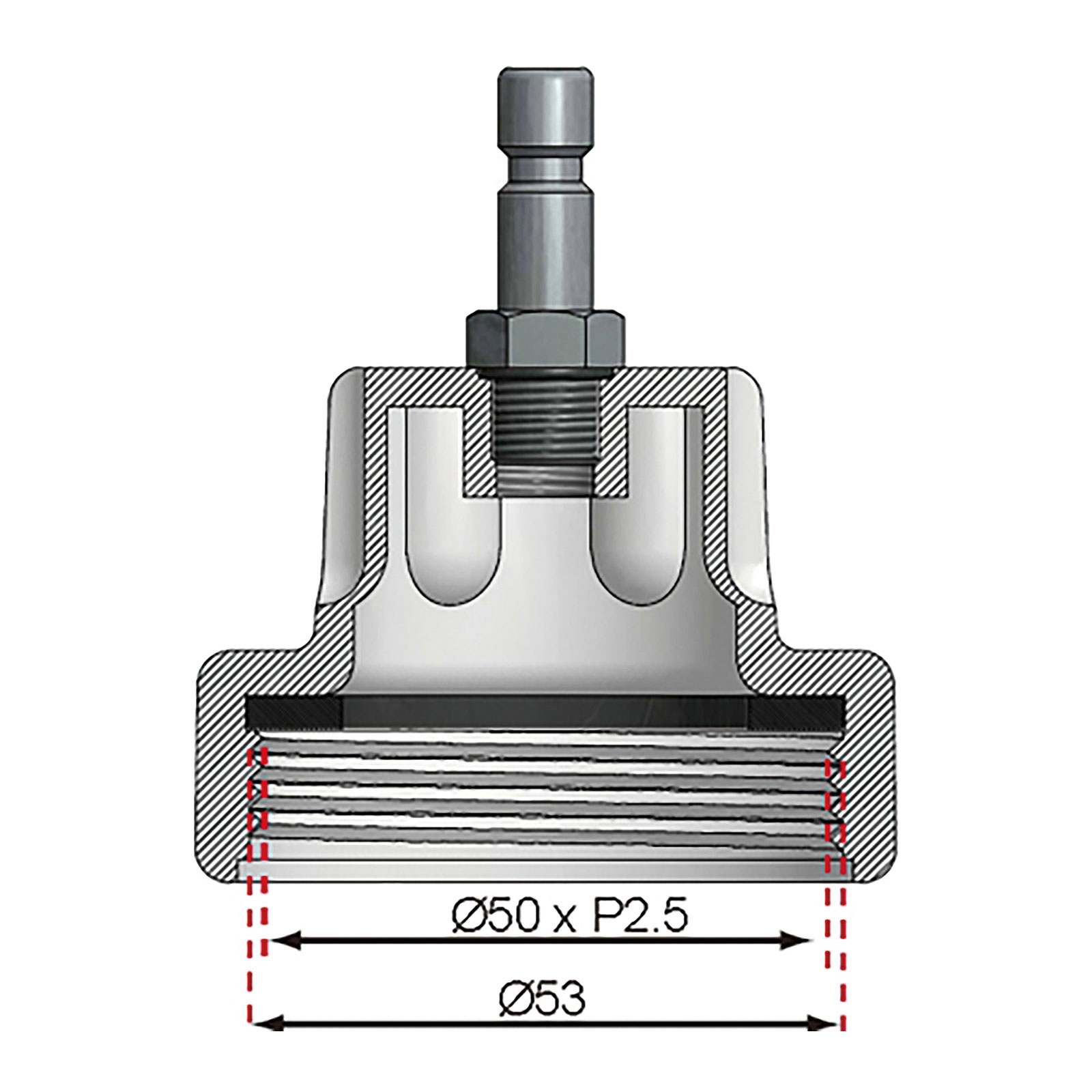 Schnittansicht eines metallischen Bauteils mit Gewinde und Maßen Ø50 x P2.5 und Ø53.