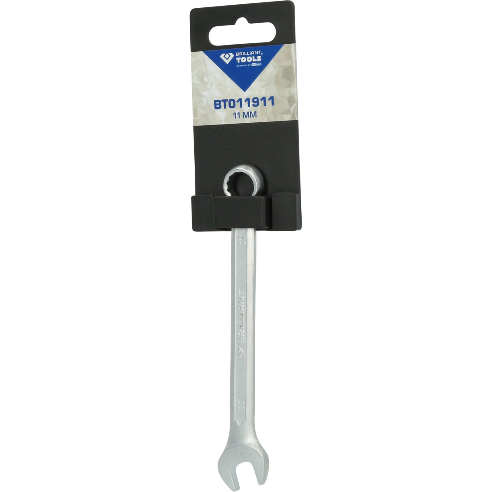 Una chiave inglese argentata con "BRILLIANT TOOLS 11 MM" sulla confezione.