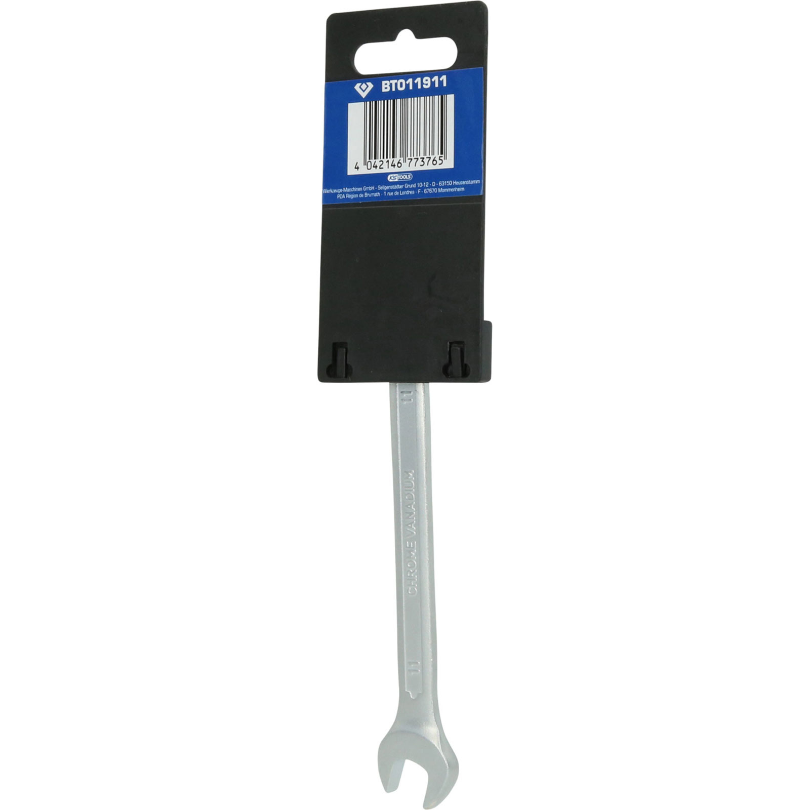 Una chiave combinata argentata con testo CHROME VANADIUM e misura 11.