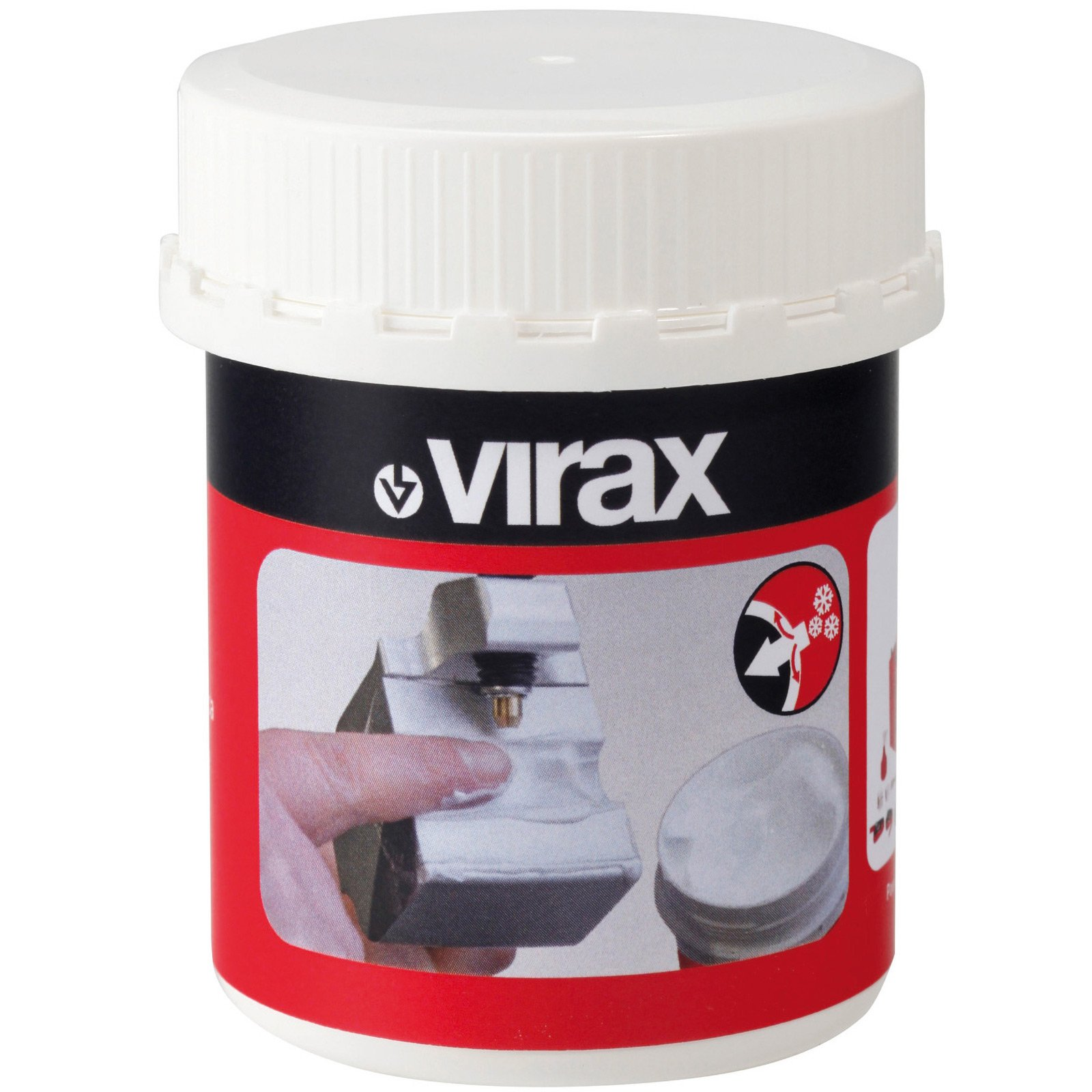 Eine weiße Dose mit rotem und schwarzem Etikett mit dem Namen Virax.