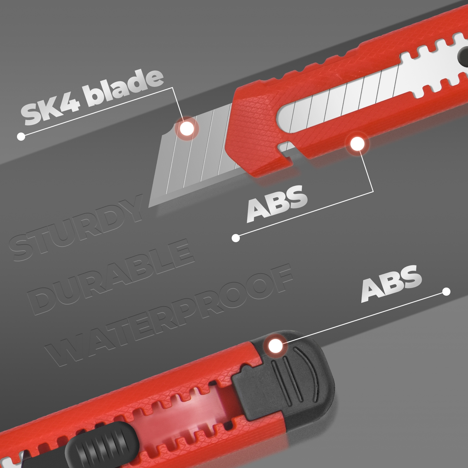 Roter Cutter mit SK4-Klinge und ABS-Gehäuse. Sturdy, Durable, Waterproof.