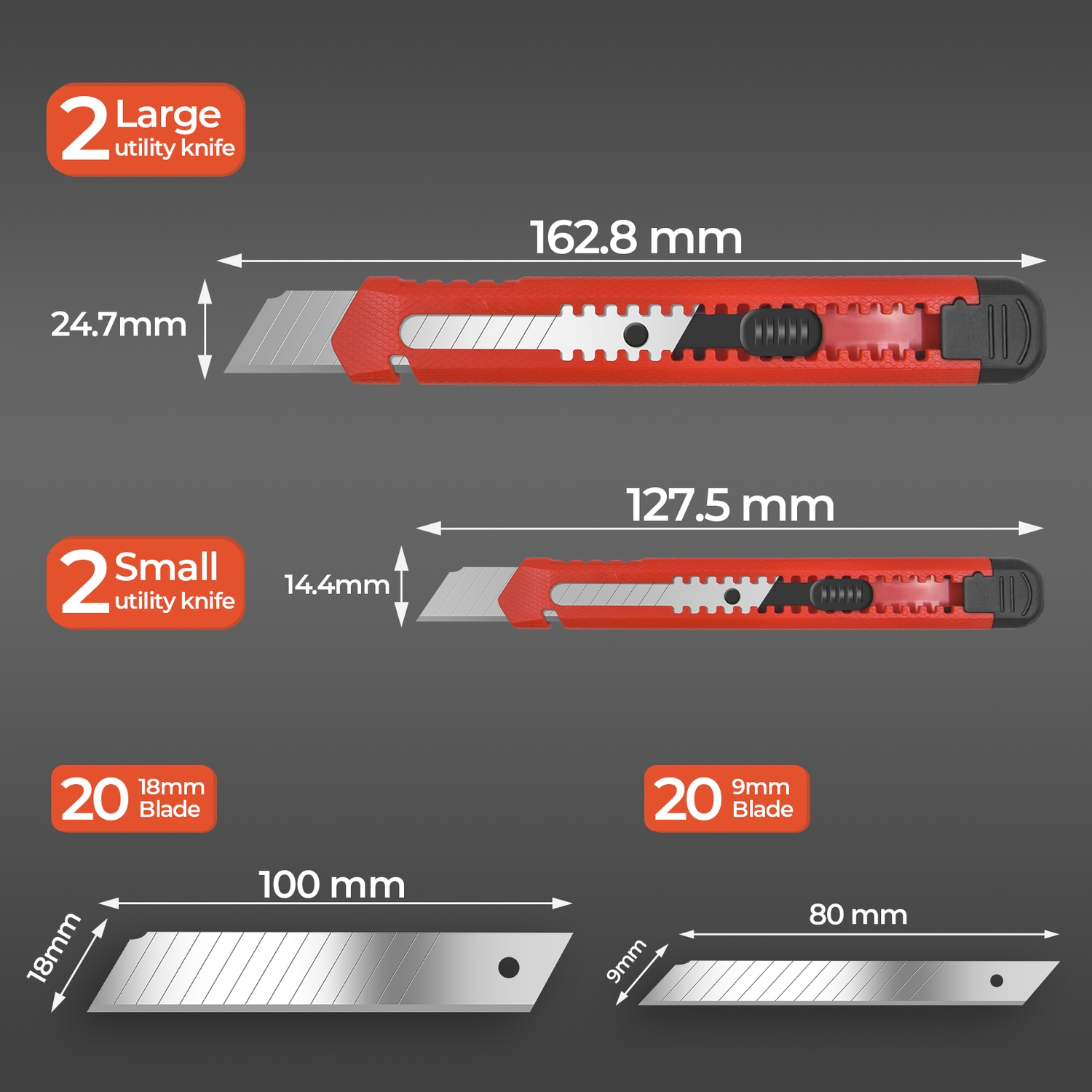Zwei rote Utility-Messer mit Klingen und Maßen. Ersatzklingen daneben.