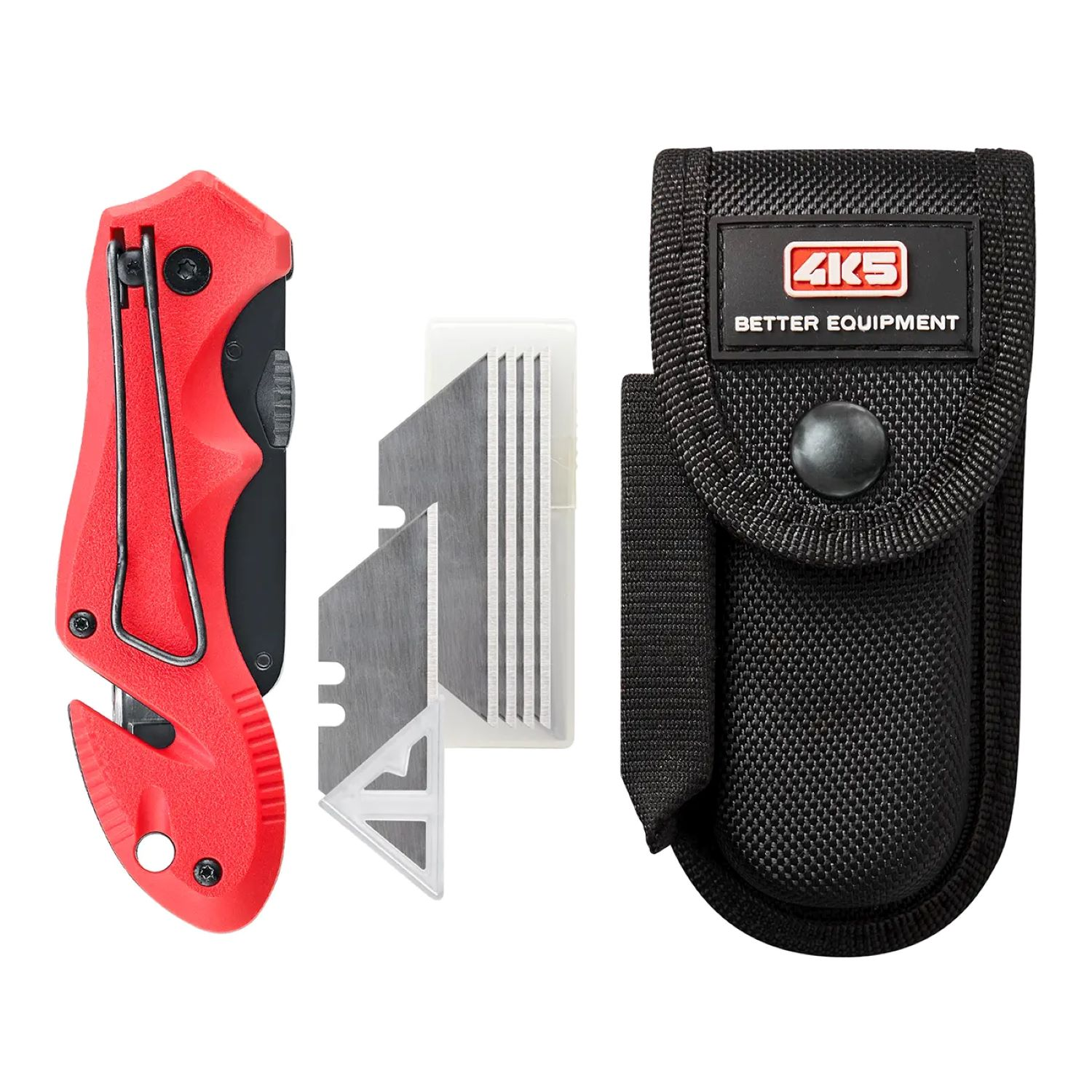 Rotes Cuttermesser, Ersatzklingen in einer Hülle und eine schwarze Gürteltasche mit Logo.