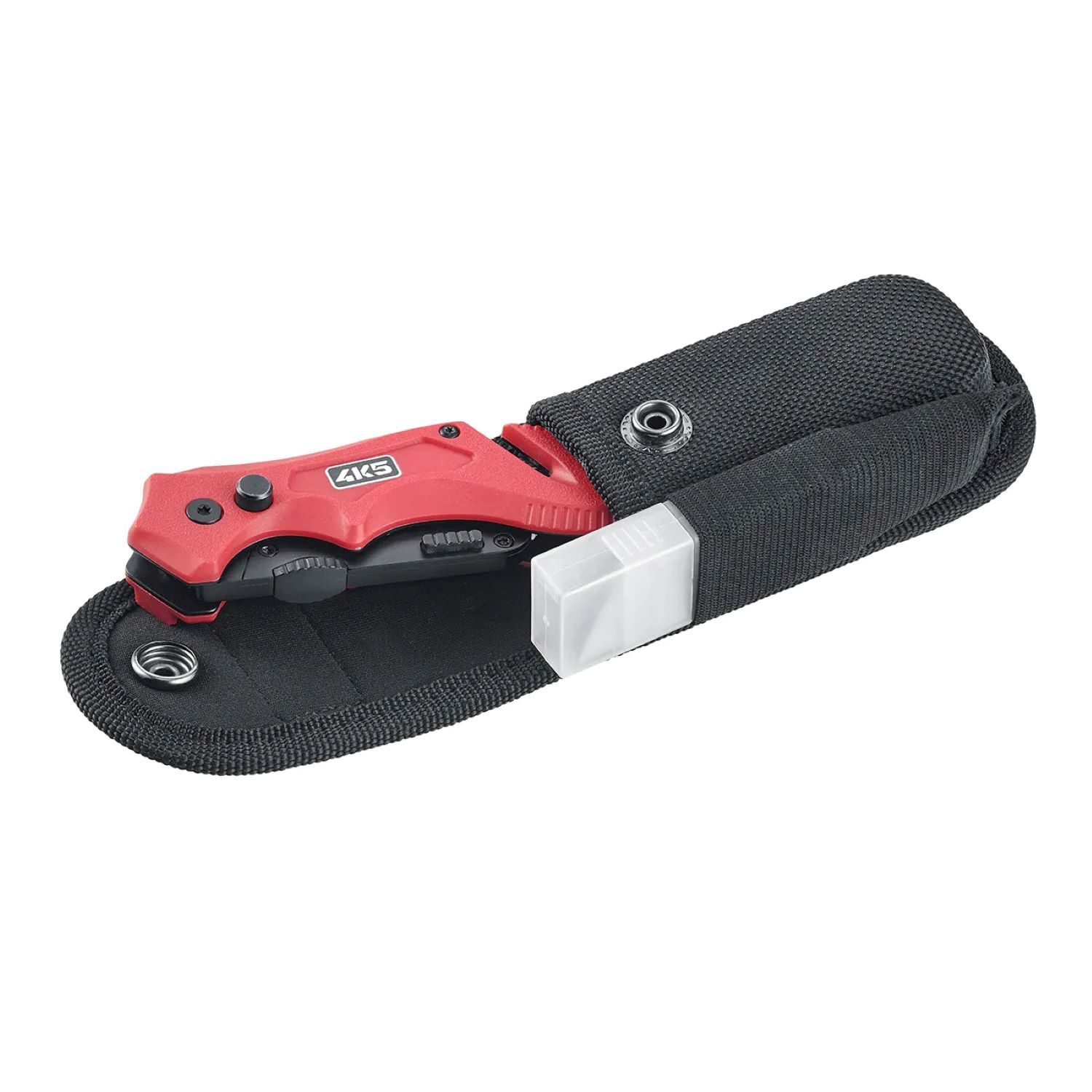Ein rotes Klappmesser mit schwarzer Hülle und Ersatzklingen.