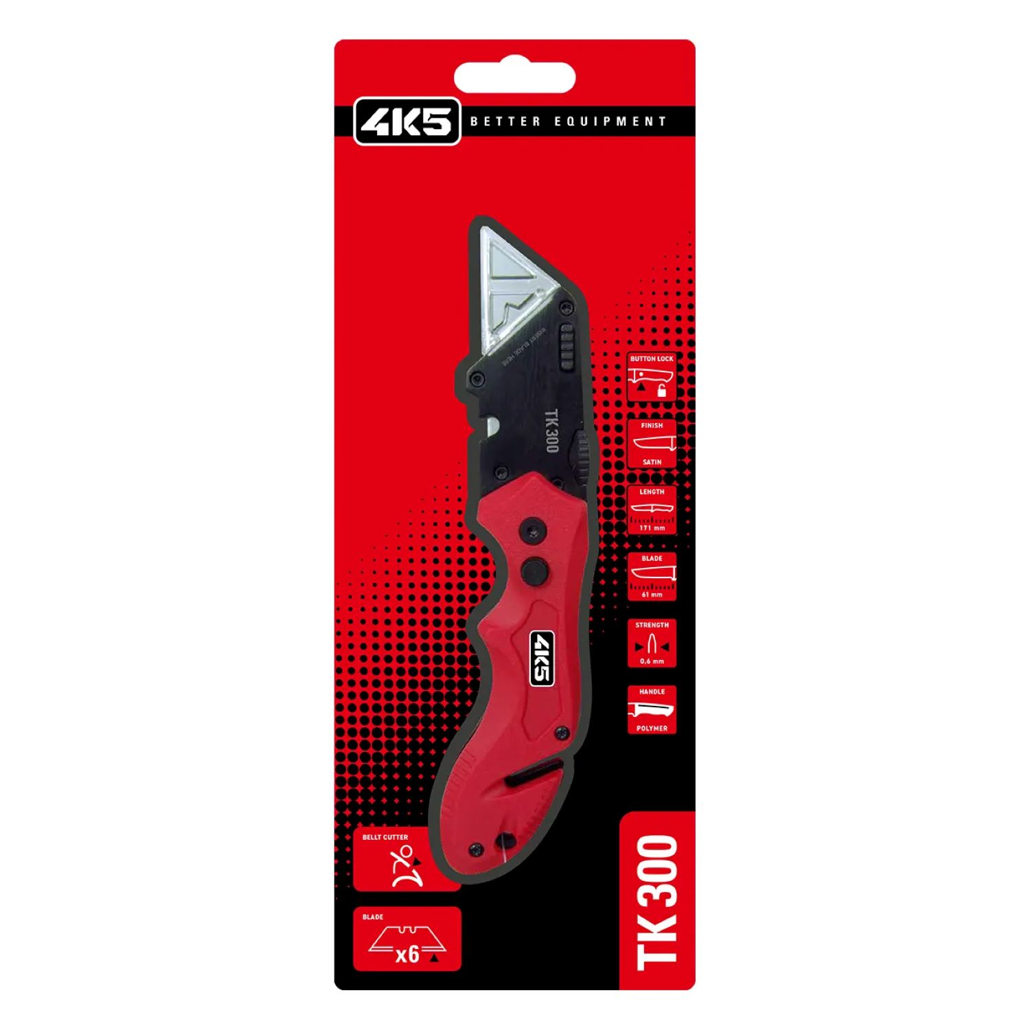 Ein rotes und schwarzes Cuttermesser von 4K5 mit silberner Klinge und detaillierter Verpackung.