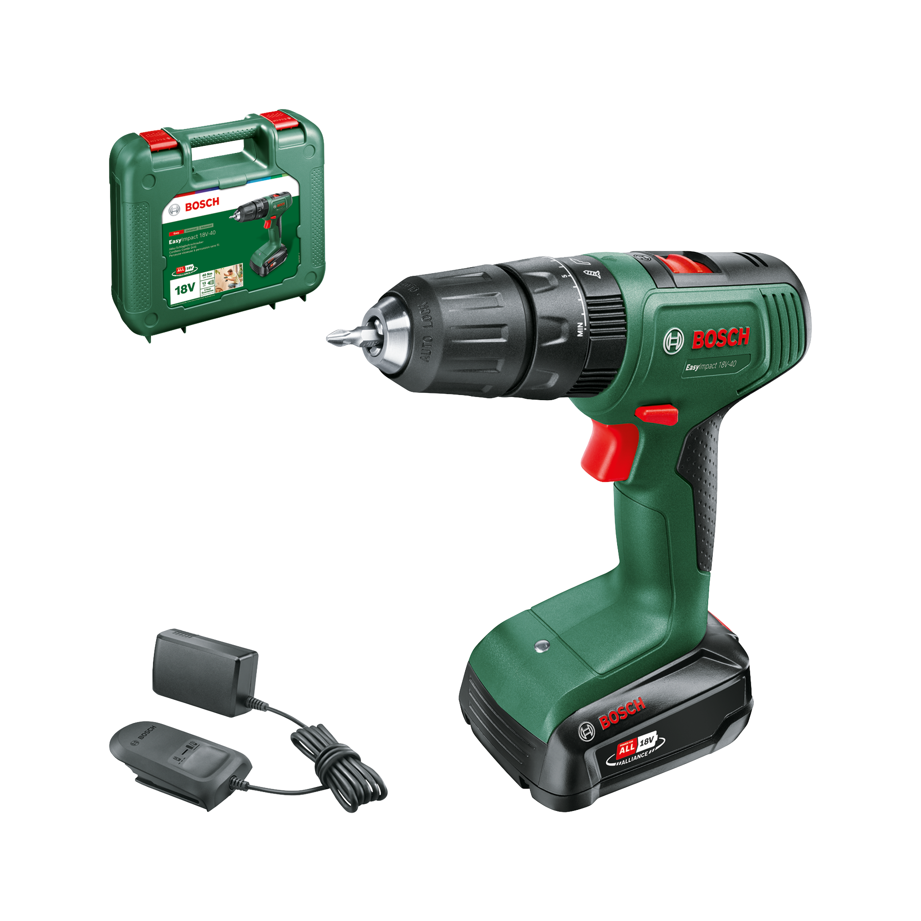 Trapano a batteria Bosch verde con valigetta, caricabatterie e batteria.