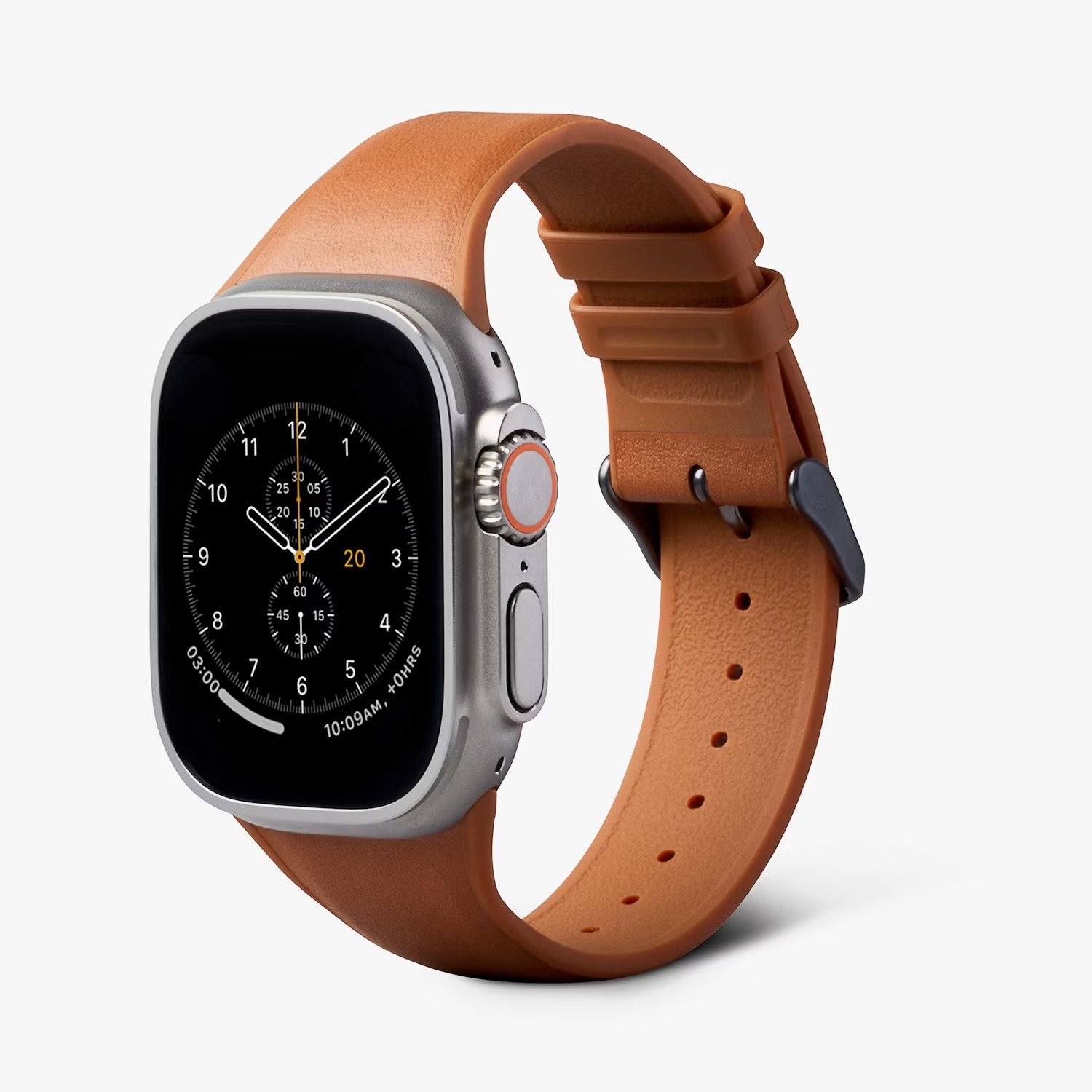 Srebrny smartwatch z brązowym skórzanym paskiem na szarym tle.