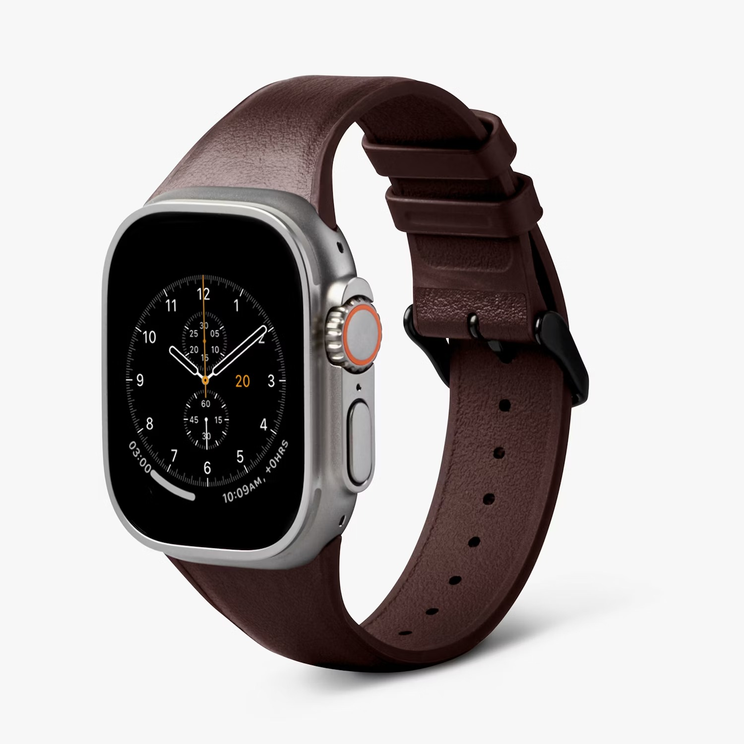 Srebrny smartwatch z ciemnobrązową skórzaną bransoletą pokazuje 10:09.