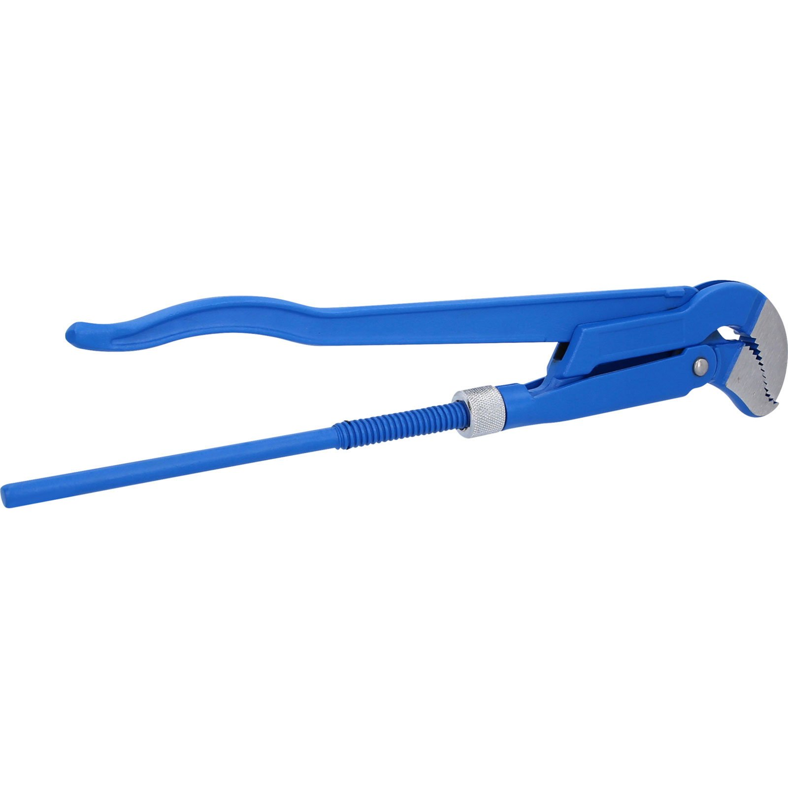 Eine blaue Rohrzange mit einem verstellbaren Griff und gezahnten Backen.