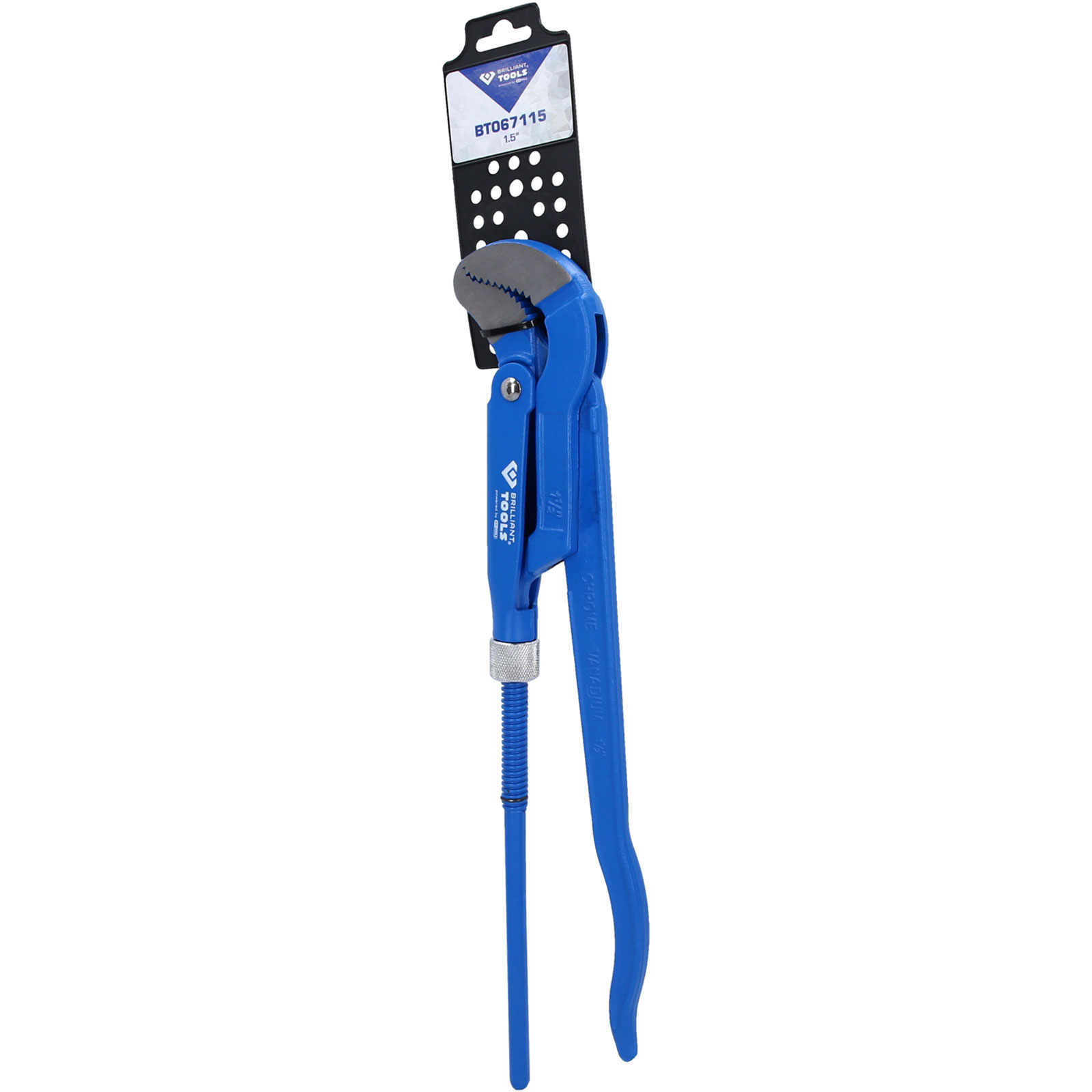 Eine blaue Rohrzange mit grauem Griff und einem Anhänger mit Produktinformationen.