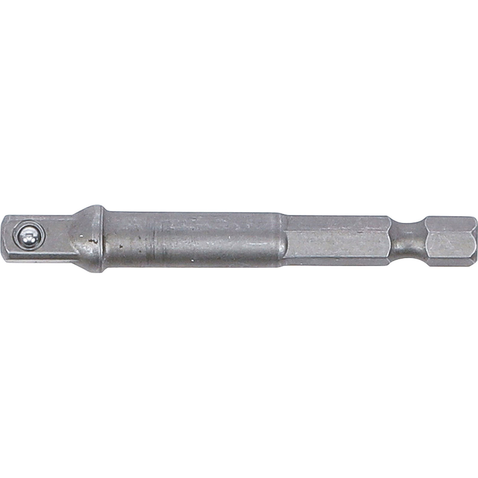 Ein einzelner silberner Schraubendreher-Bit-Adapter mit Sechskantantrieb.