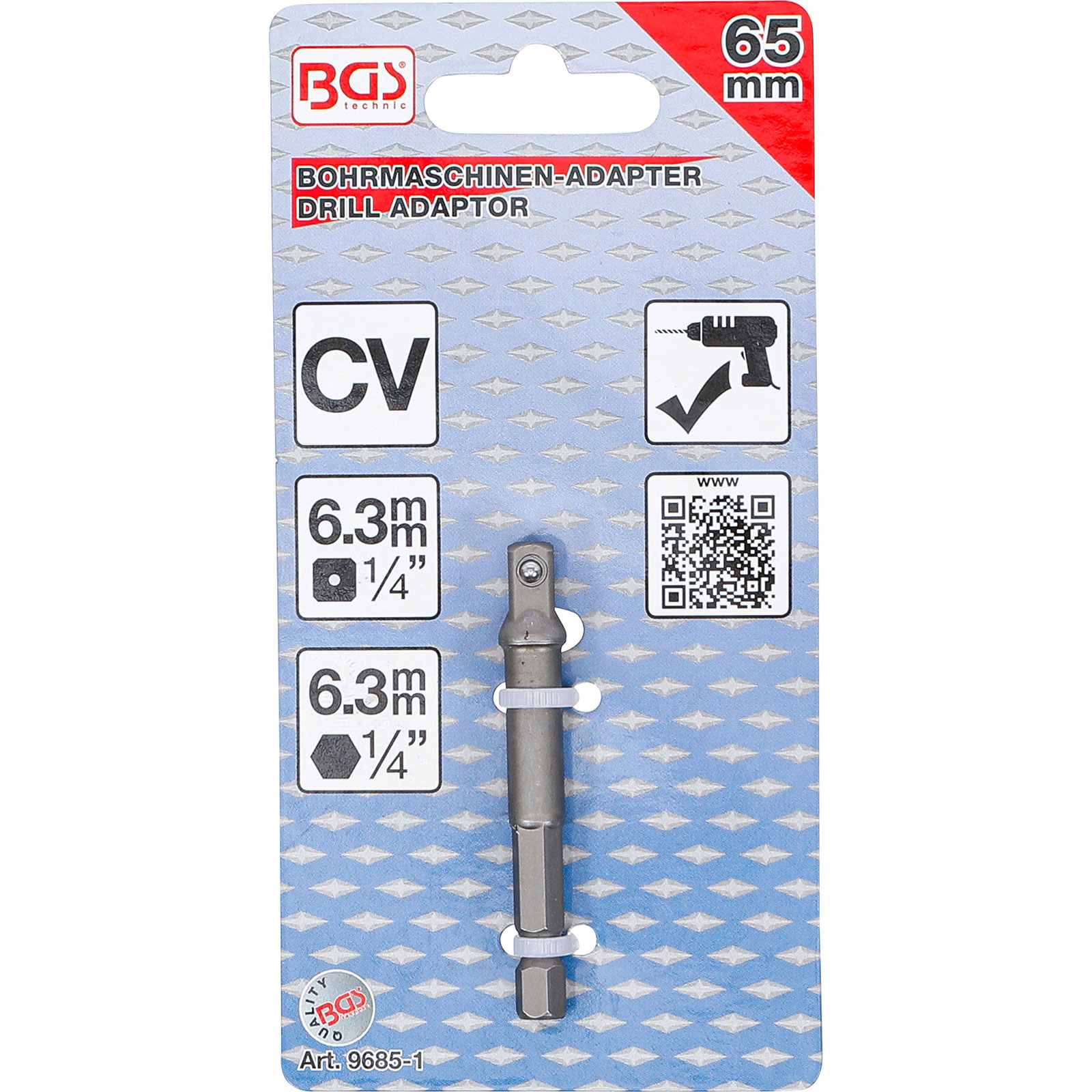BGS Drill Adapter 65mm, 6.3mm 1/4 Zoll, CV. In Blisterpackung.