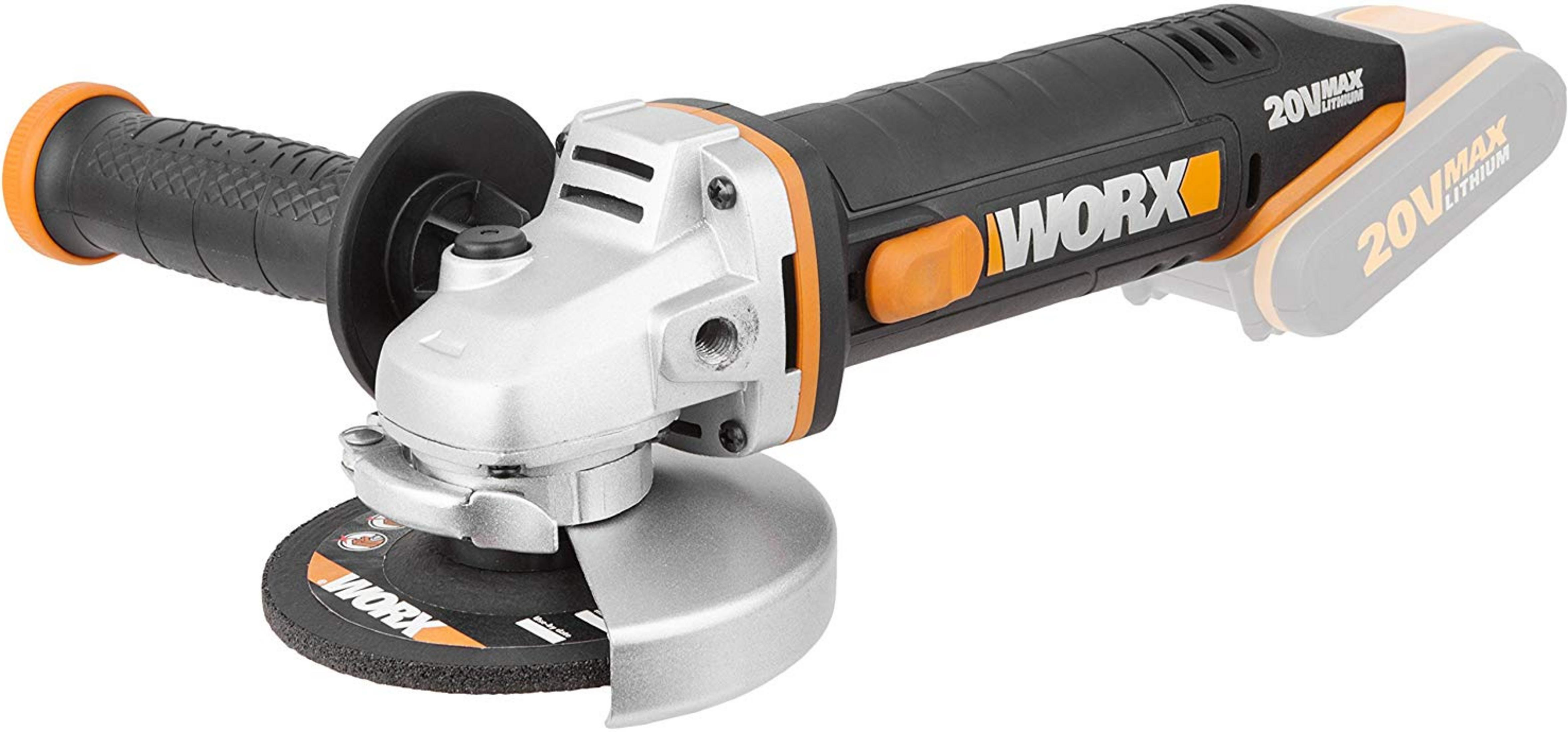 Ein schwarzer Winkelschleifer von Worx mit orangefarbenen Akzenten und einem 20V-Akku.