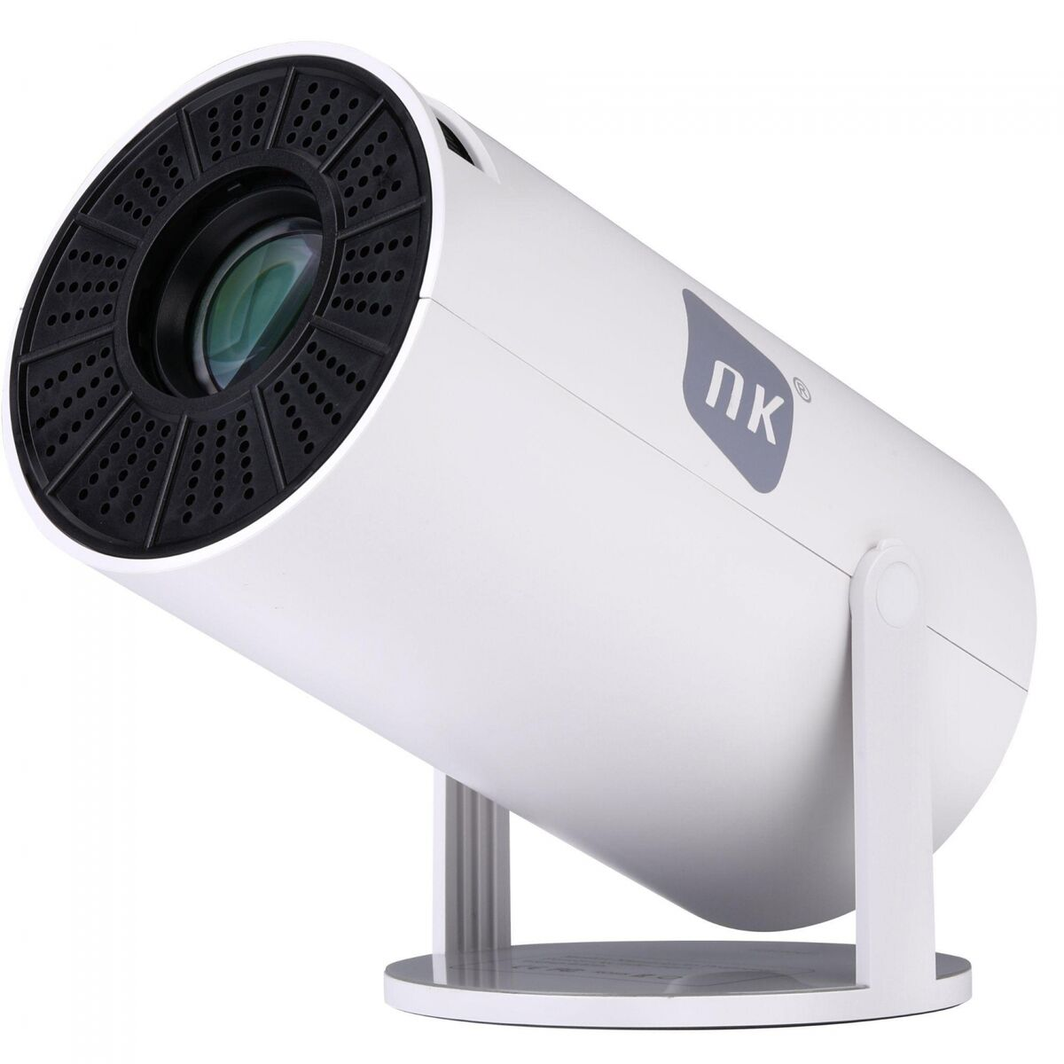 Un proyector blanco sobre un soporte con lente de bisel negro.