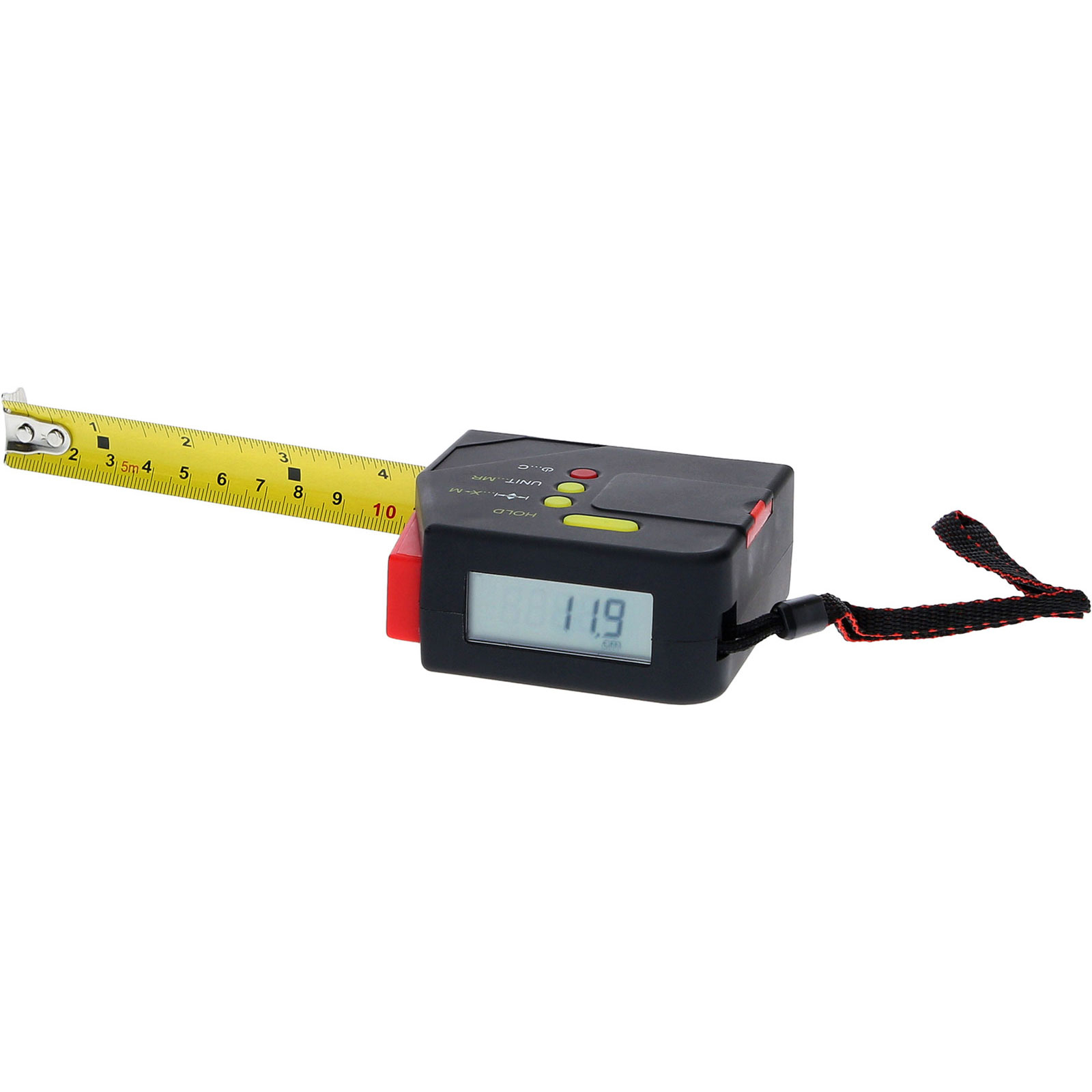 Ein schwarzes digitales Maßband mit gelber Messrolle und rotem Stopp-Hebel. Anzeige 11.9.