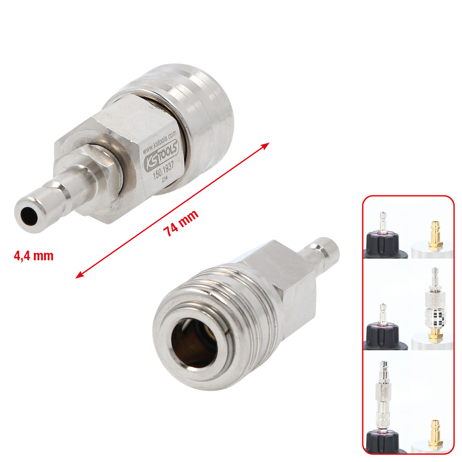 Zwei silberne Schnellkupplungsadapter, mit Maßen 4,4 mm und 74 mm.