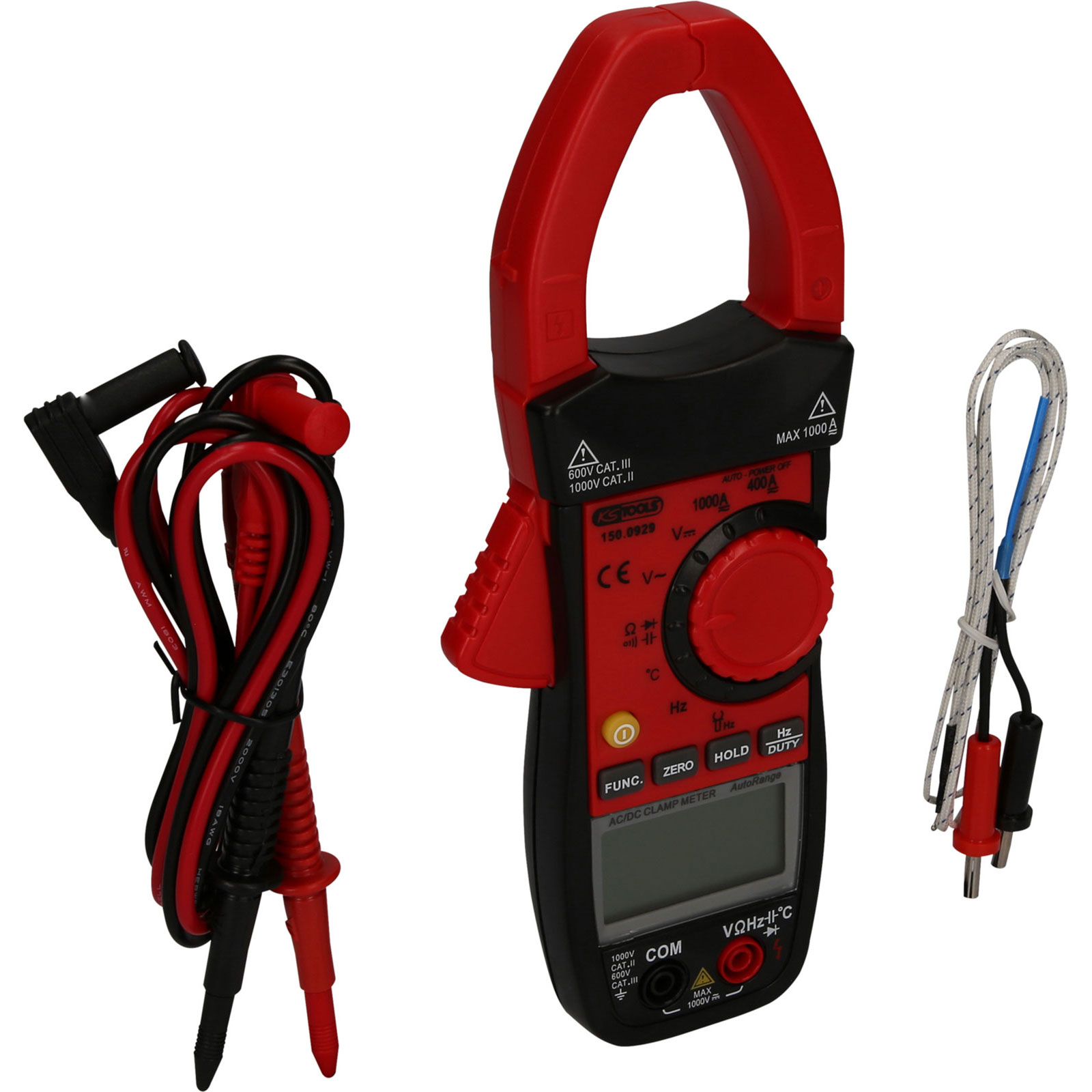 Ein rotes und schwarzes Zangenmultimeter mit Messleitungen und Thermoelement.