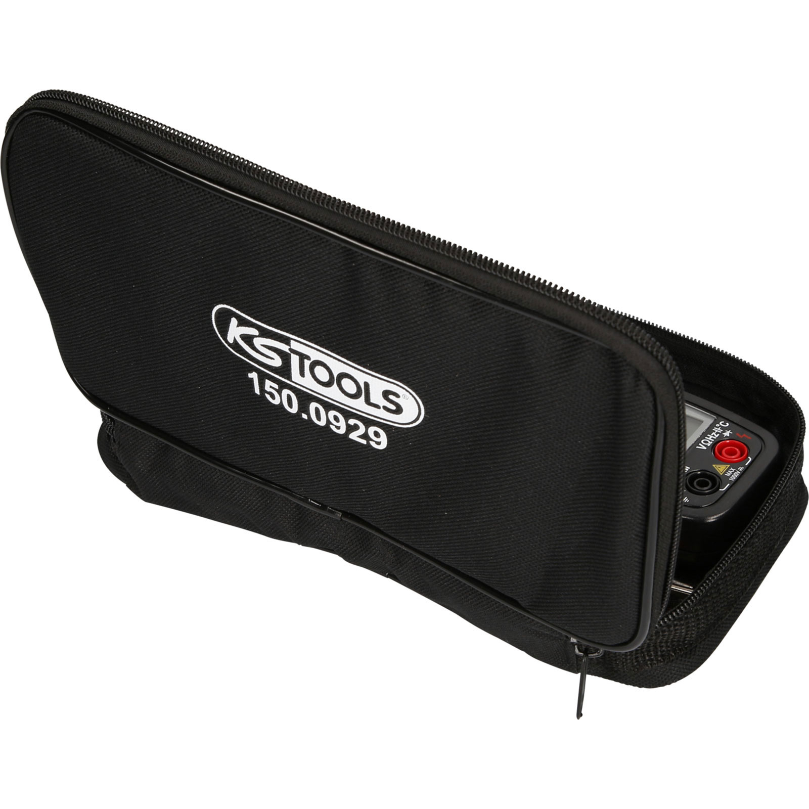 Schwarze KSTOOLS Tasche mit digitalem Multimeter, teilweise geöffnet.