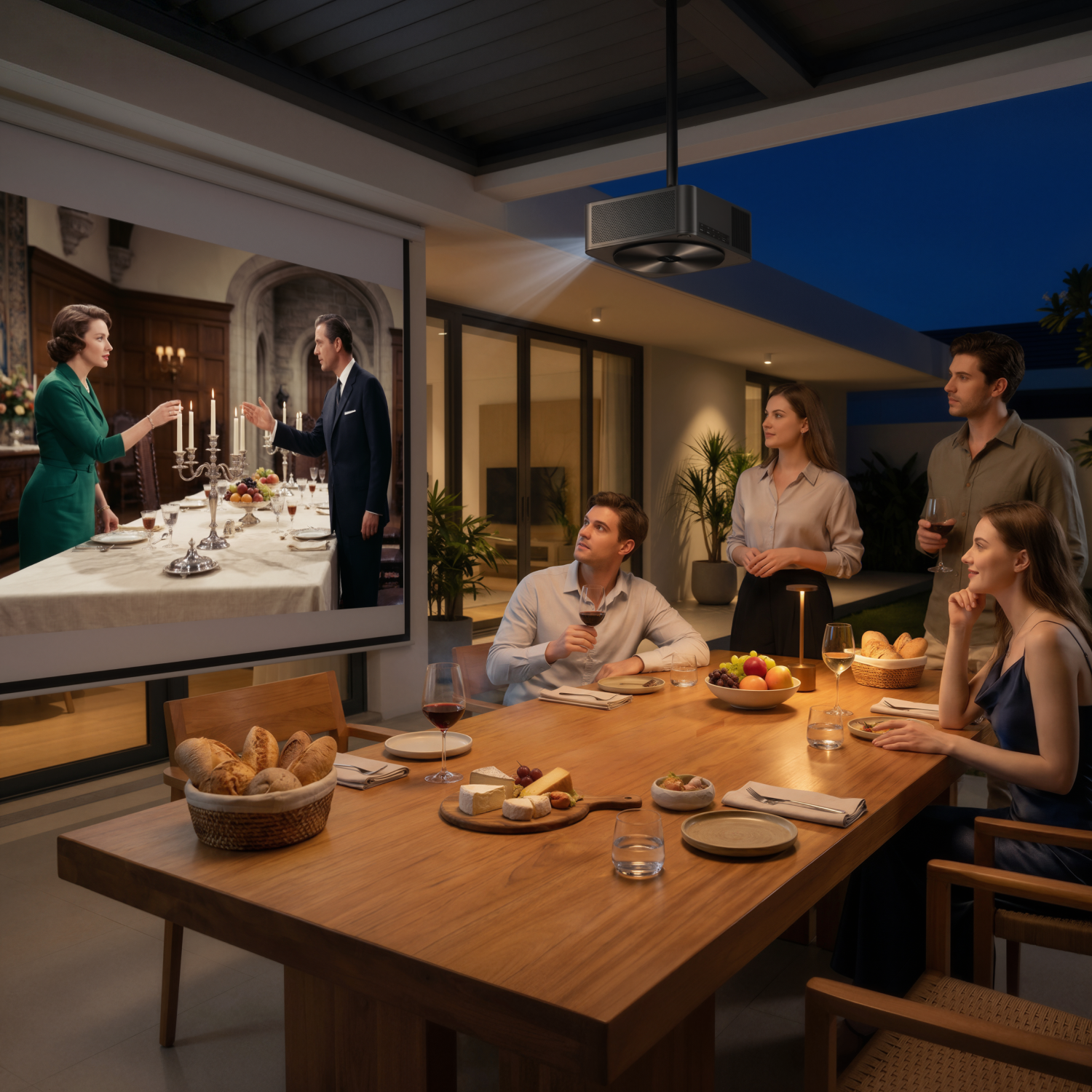 Menschen sehen nachts draußen einen Film, der auf einem Holztisch mit Essen projiziert wird.