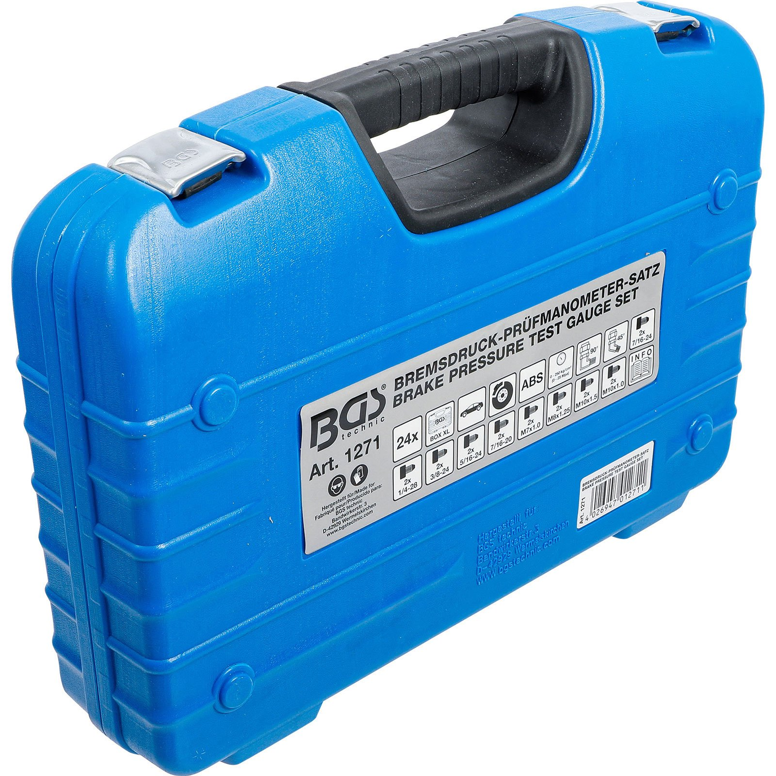 Blauer Koffer mit Bremsdruckprüfmanometer-Set von BGS Technic.