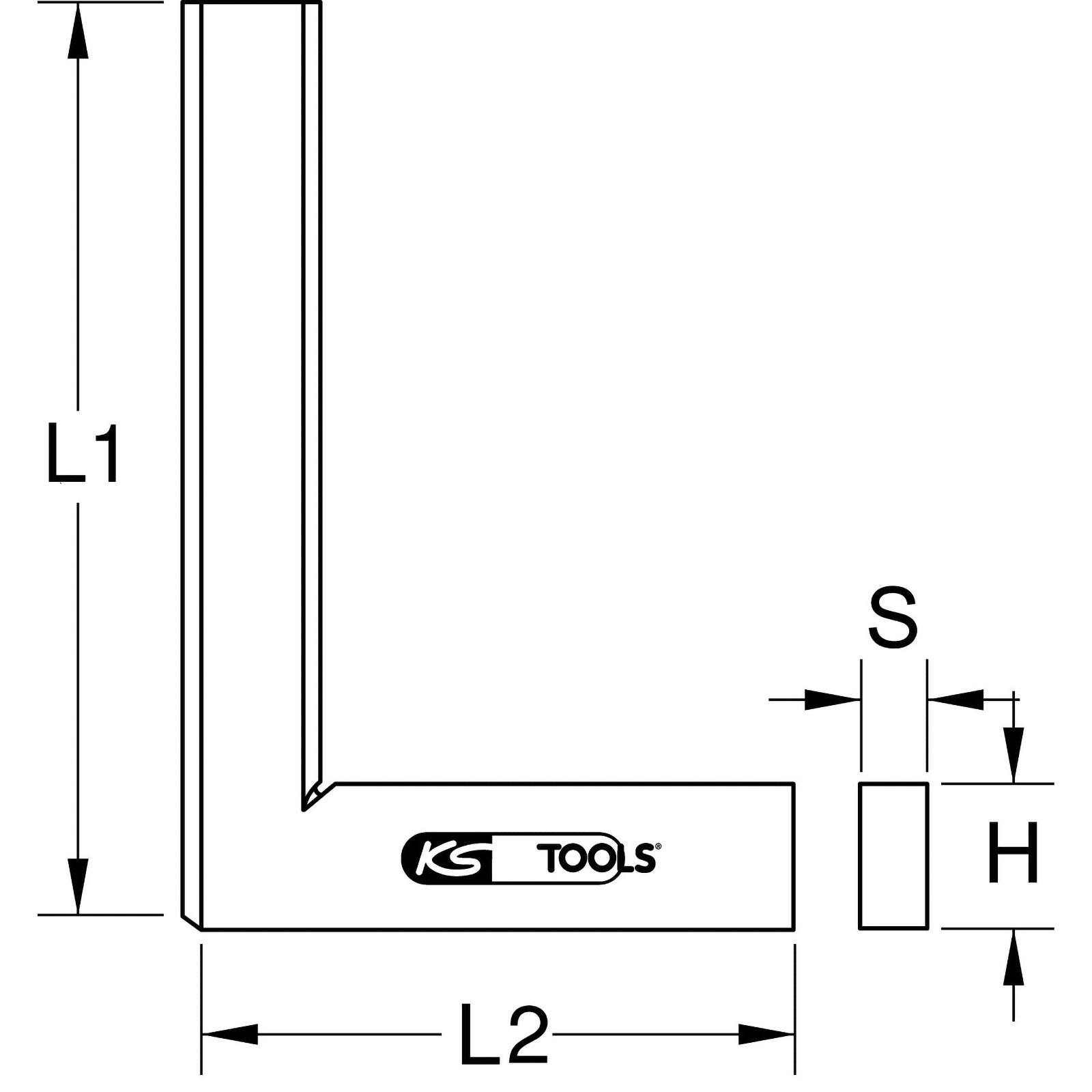 Ein L-förmiges Werkzeug mit Längenangaben L1, L2 und S sowie dem Logo KS TOOLS.