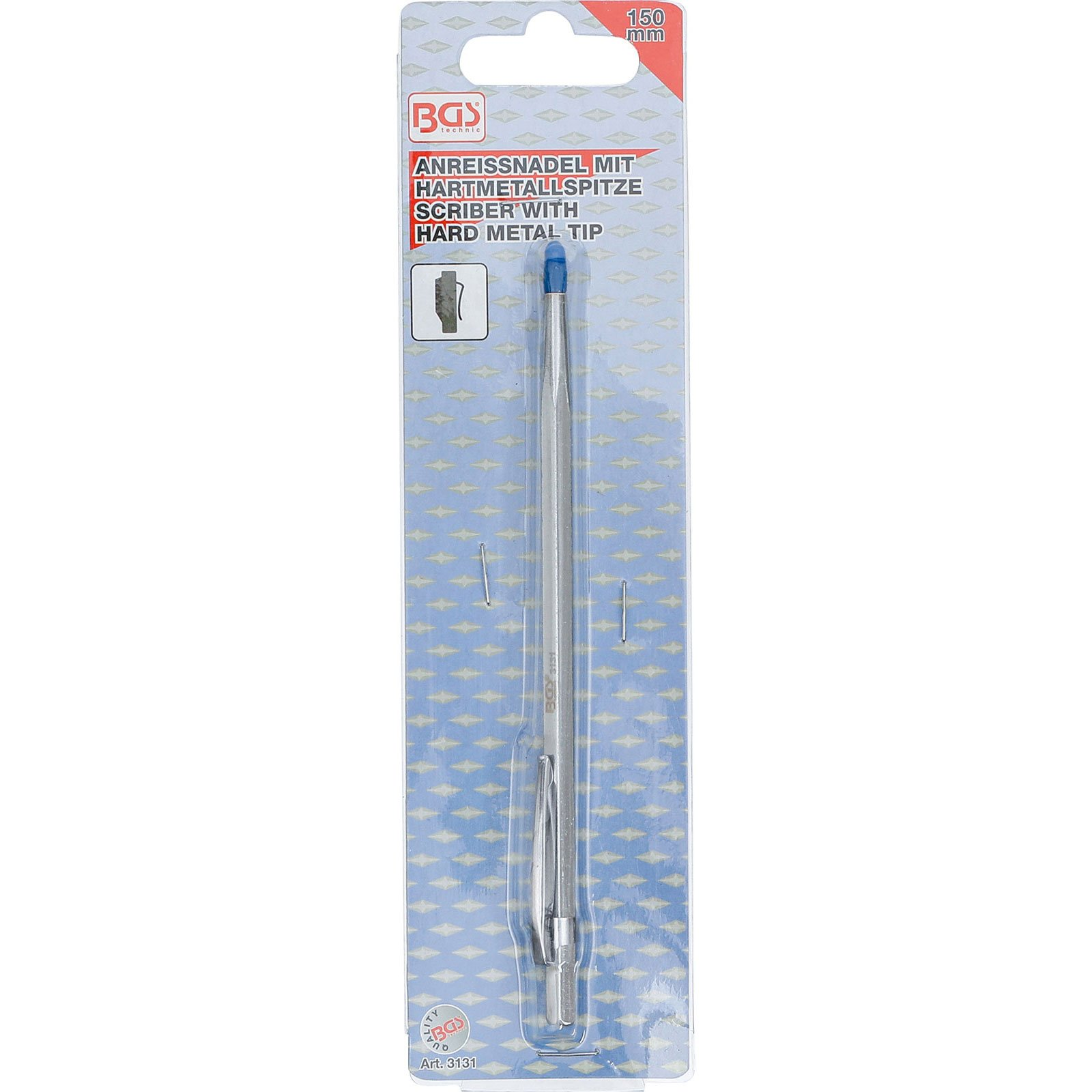 Ein 150 mm langer Anreißer mit Hartmetallspitze auf Blisterverpackung.
