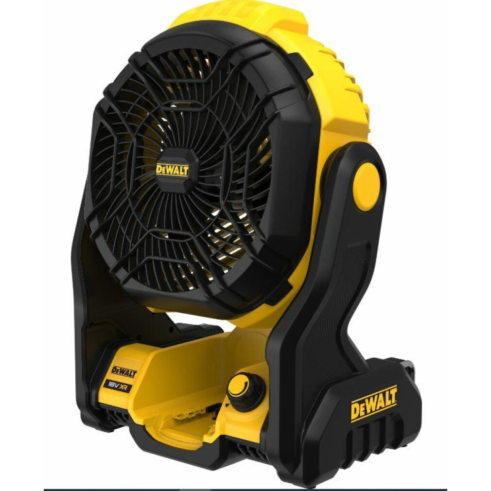 Ein gelber und schwarzer Akku-Ventilator von DeWalt mit schwarzem Lüftergitter.