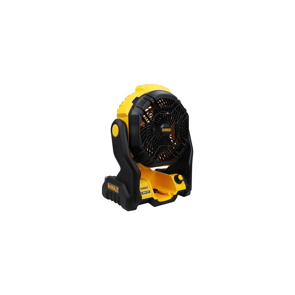 Ein gelber und schwarzer Akku-Ventilator von DeWalt steht auf einem weißen Hintergrund.
